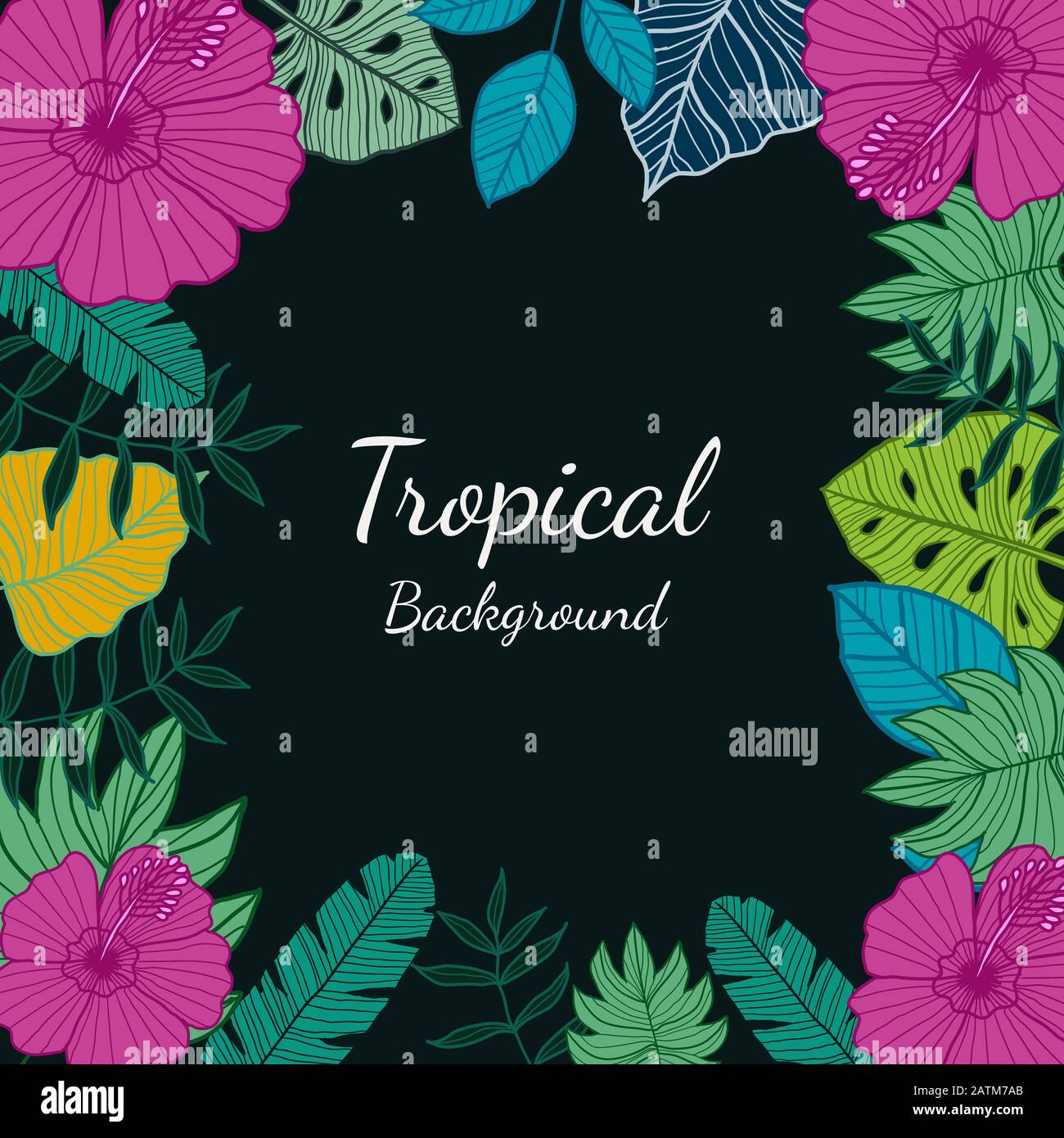 Feuilles et fleurs tropicales sur fond sombre. Motif botanique exotique pour carte de vœux, design d'emballage, design Web - Illustration vectorielle Illustration de Vecteur