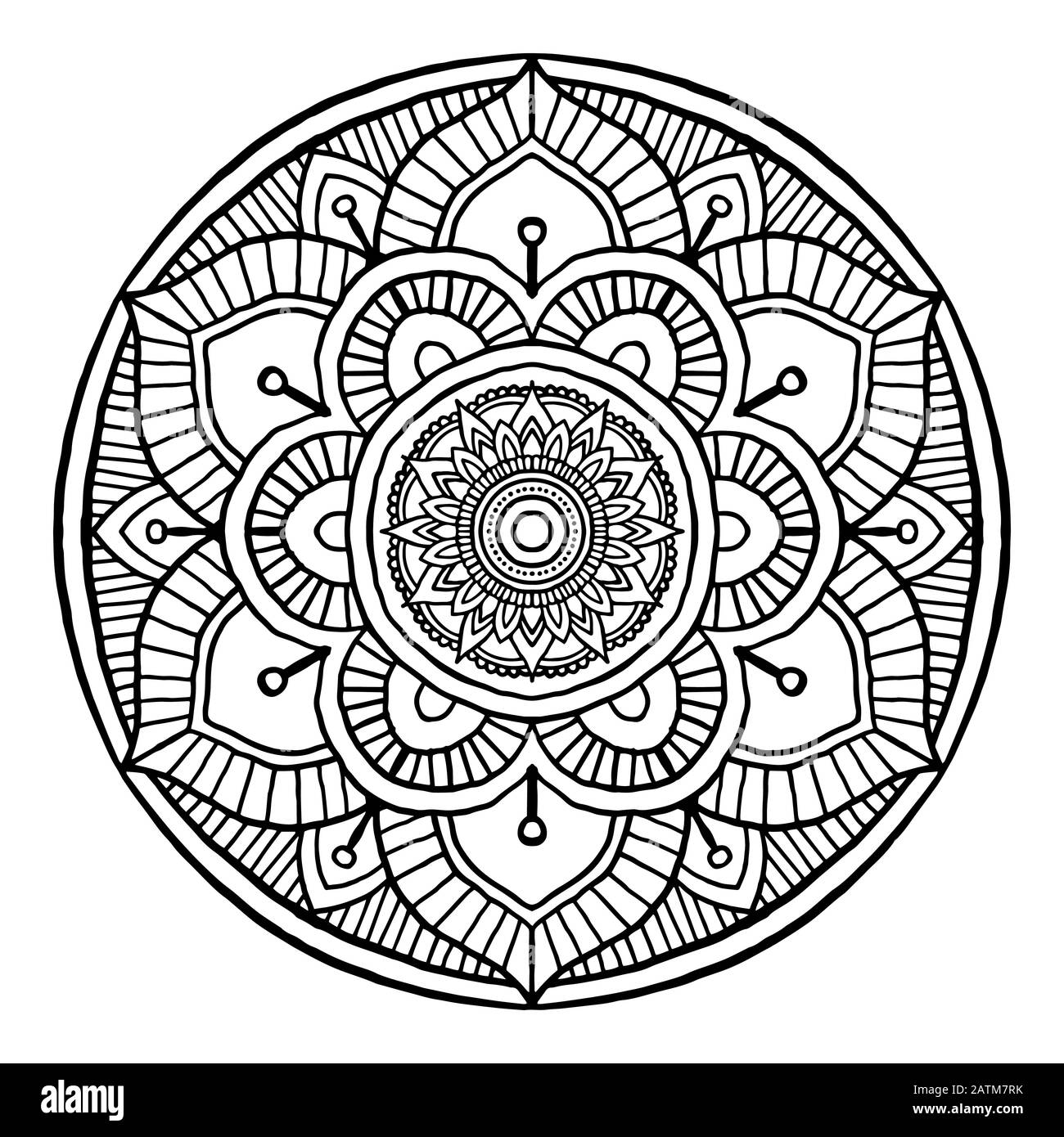 Contour Mandala décoratif rond ornement, peut être utilisé pour le livre de coloriage, la thérapie anti-stress, carte de vœux, l'imprimé de téléphone, etc. Dessin À La Main Illustration de Vecteur