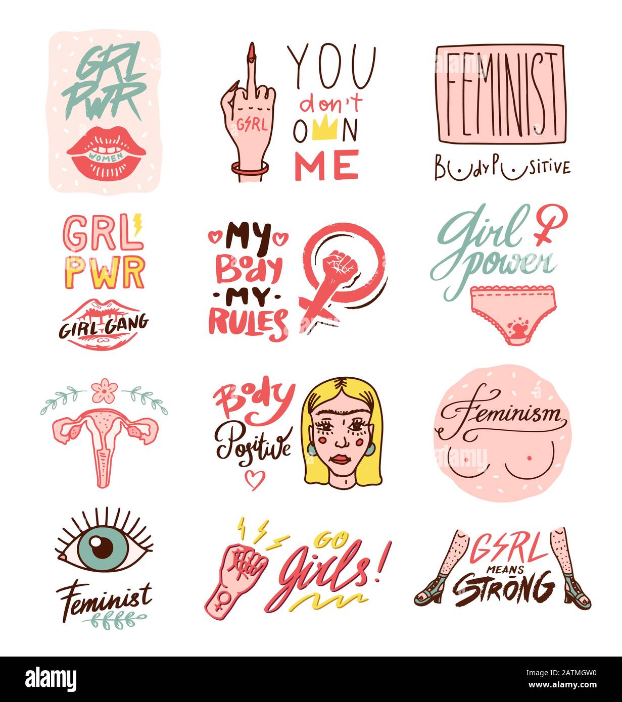 Slogan Le Feminisme Dans Un Style Vintage Girl Power Et Le Corps Concept Positif Citation De Motivation Les Droits Des Femmes Le Lettrage De Phrase Des Affiches Et Autocollants Image Vectorielle Stock