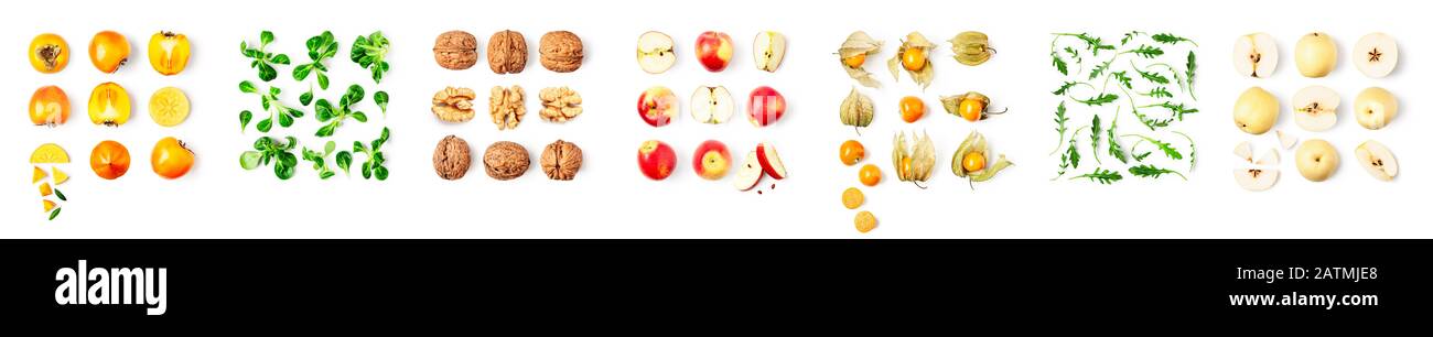 Différentes collections de fruits et bannière créative isolée sur fond blanc. Pomme, noyer, persimmon, physalis, rucola, laitue, nashi composition A Banque D'Images