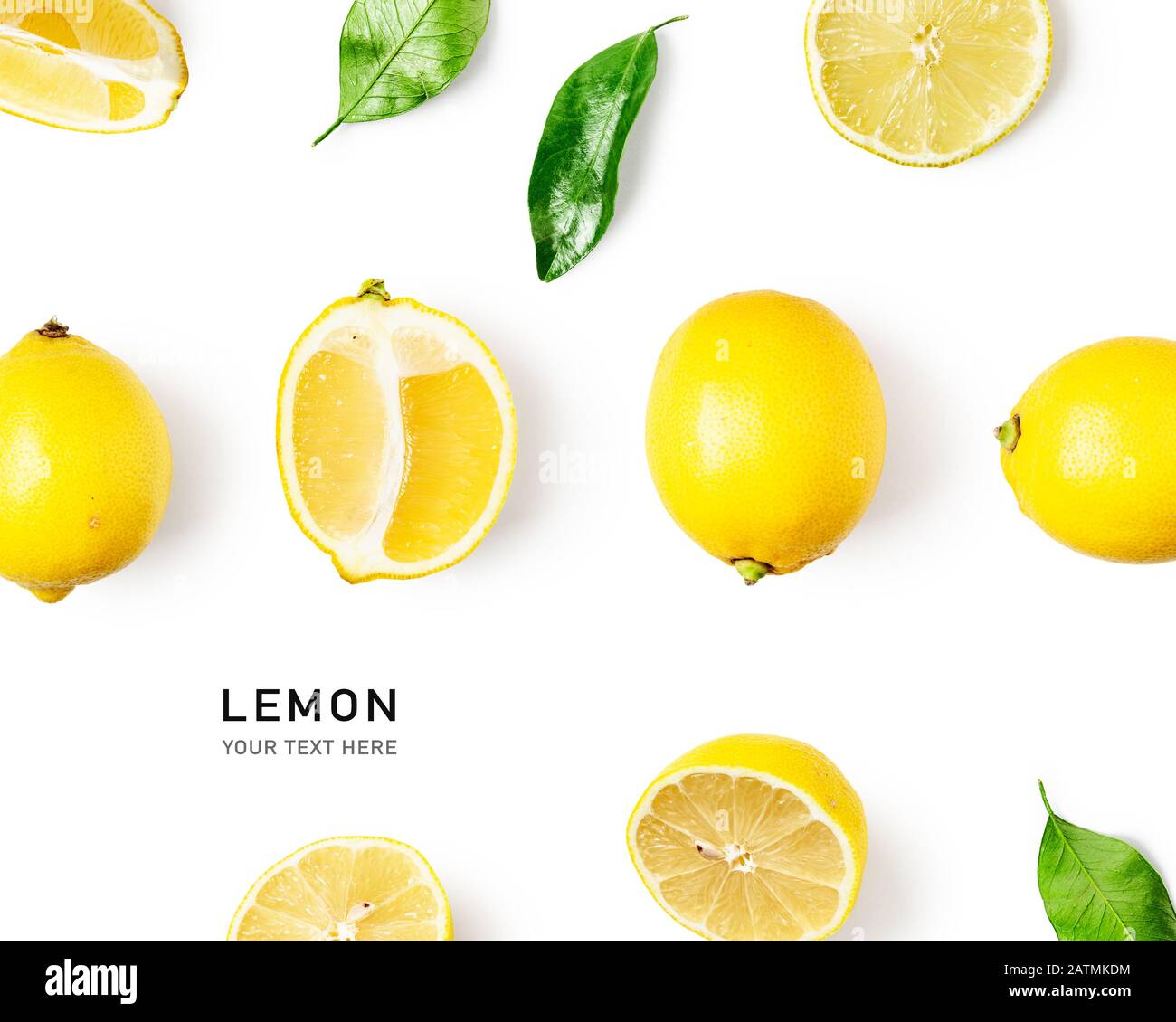Composition de fruits de citron frais et mise en page créative isolée sur fond blanc. Concept de saine alimentation et de nourriture. Arrangement des agrumes. Vue de dessus, Banque D'Images