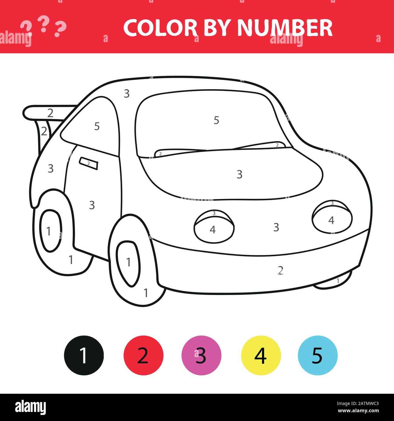Voiture dans le style de dessin animé, couleur par numéro, jeu de papier d'éducation pour le développement des enfants, page de coloriage, activité préscolaire des enfants, feuille de travail imprimable Illustration de Vecteur