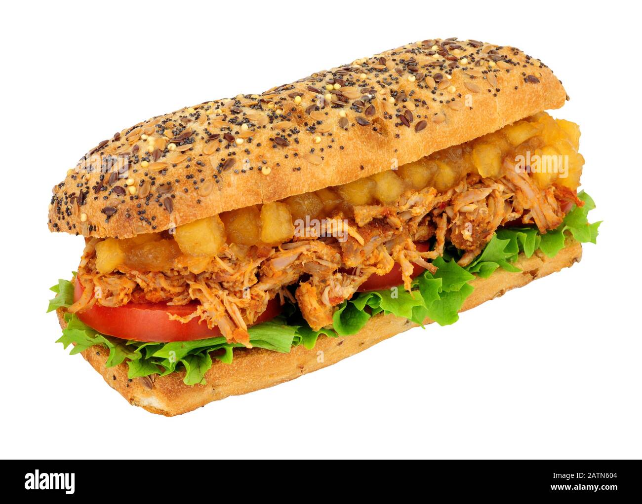 Sandwich au porc haché cuit lentement dans un pain à plateau multigrains  avec sauce grosse pomme Bramley isolée sur fond blanc Photo Stock - Alamy