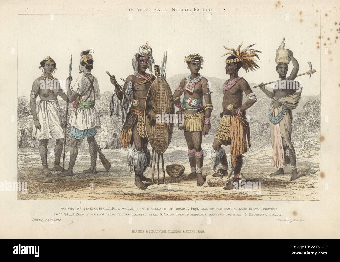 Illustration victorienne de modes africains, indigènes de Senegambia, Peul femme de Kouar, Peul en costume de guerre, Zulu en robe de visite, Zulu dansante fille, jeune Zulu en costume de danse de mariage, Beccay femme. 1870 Banque D'Images