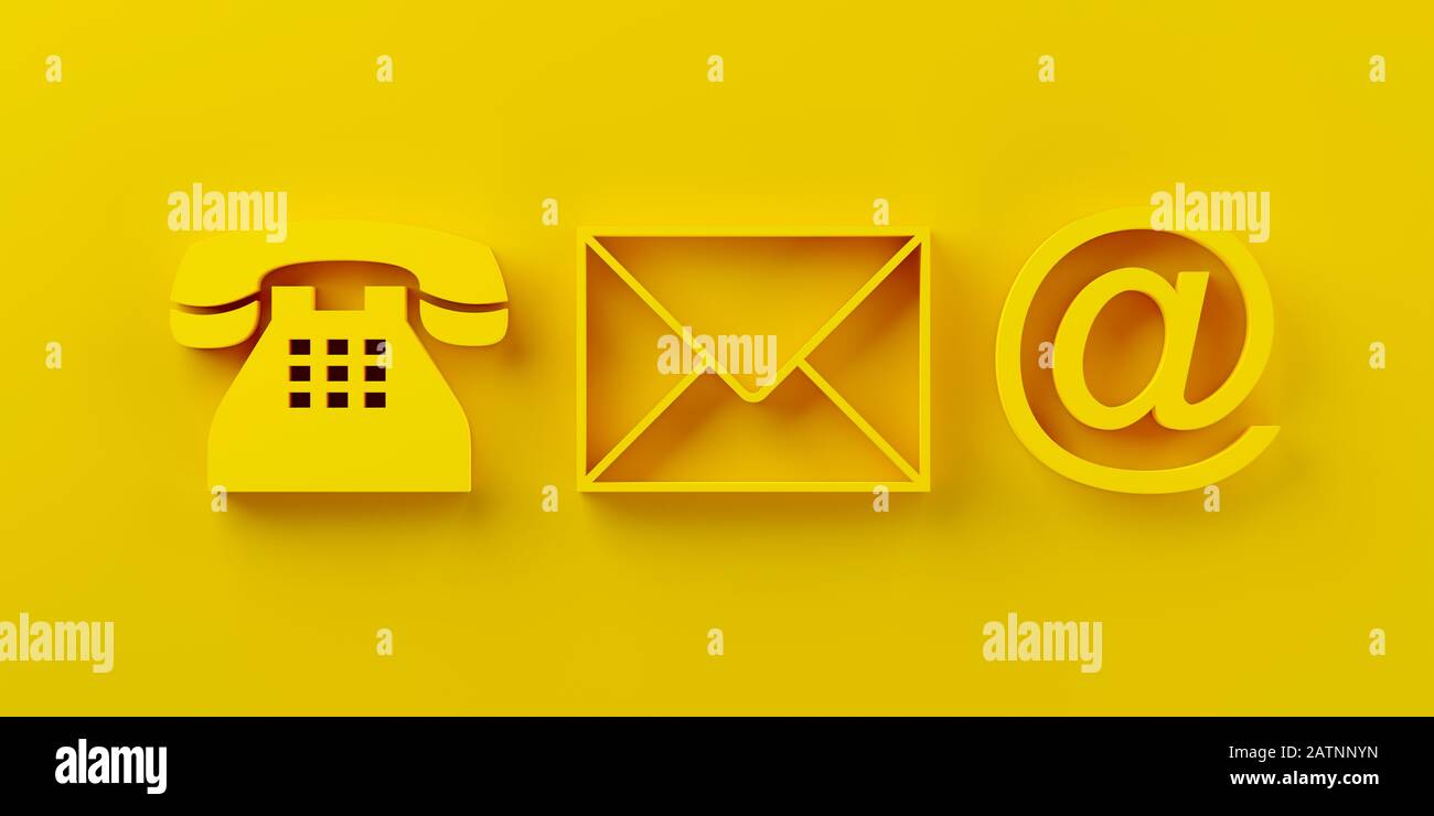 Téléphone jaune, lettre d'enveloppe et symboles d'e-mail sur fond jaune, contactez-nous symboles ou bannière, illustration tridimensionnelle Banque D'Images