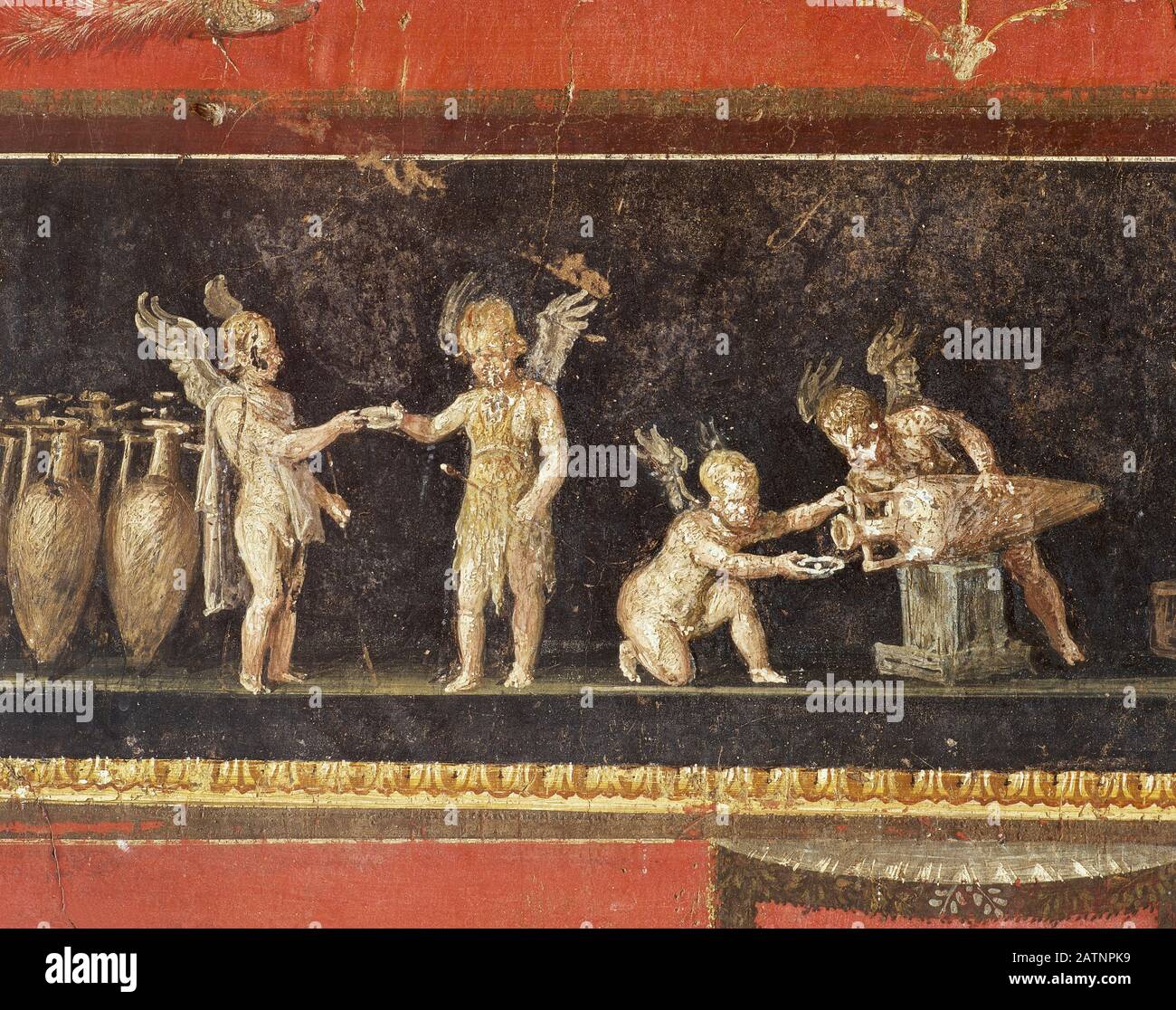 Italie, Pompéi. Maison du Vettii. 1° siècle AD. Triclinium. Fresque représentant les Cupids qui vendent du vin. Détails. Banque D'Images
