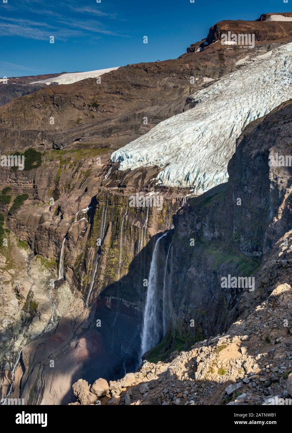 Glacier Castano Overa, cascades, massif du Monte Tronador, du sentier à Refugio Otto Meiling, Andes, Parc national de Nahuel Huapi, Patagonie, Argentine Banque D'Images