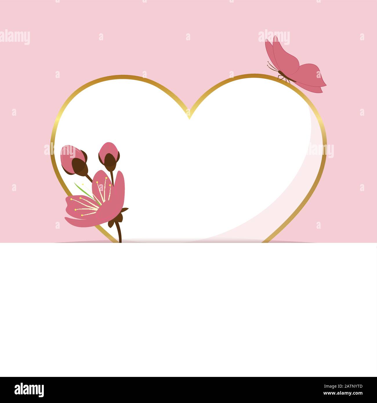 Carte de vœux rose coeur en papier avec fleurs de cerisier et illustration vectorielle papillon EPS10 Illustration de Vecteur