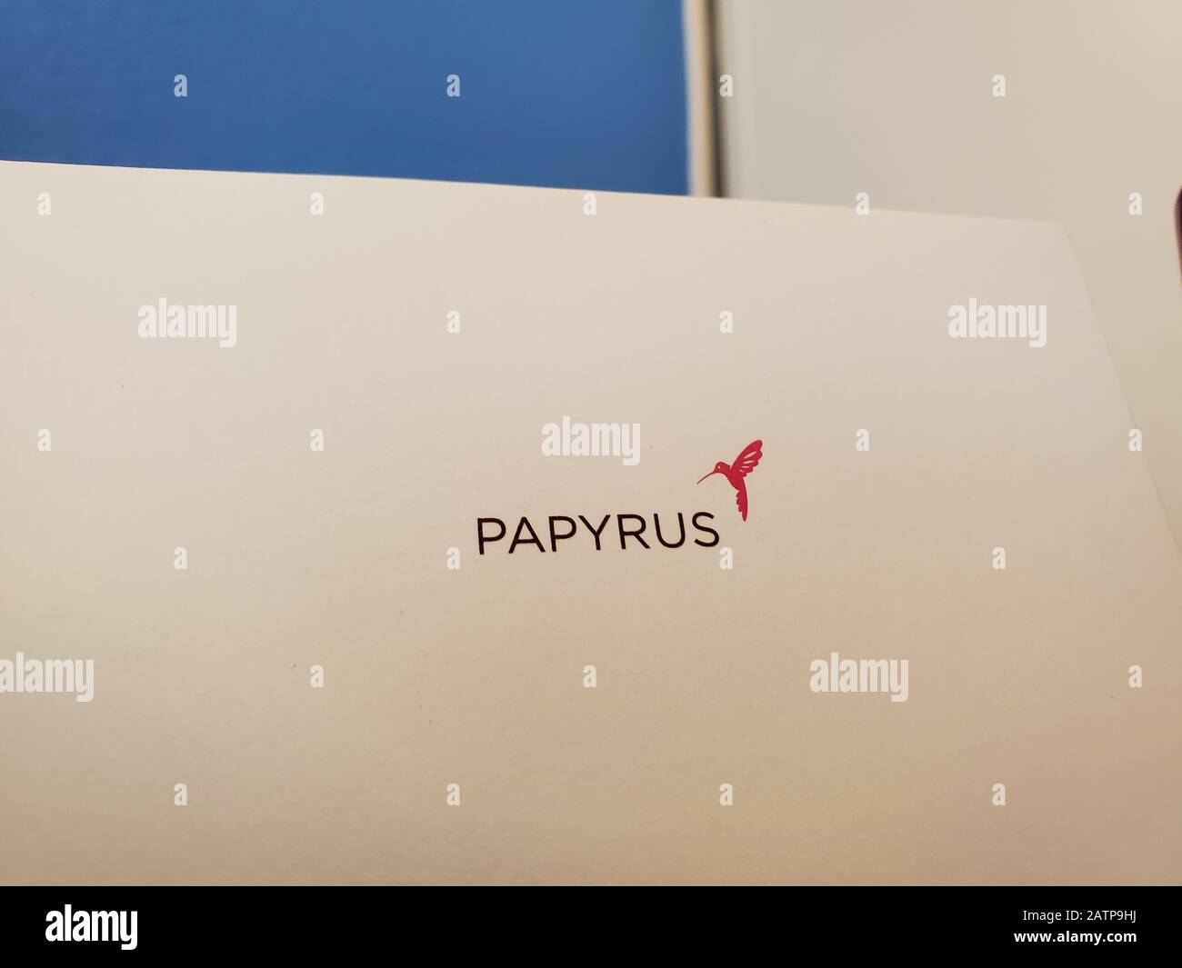 Gros plan du logo de la compagnie de cartes de vœux Papyrus sur la surface du papier sur fond bleu, San Ramon, Californie, 27 janvier 2020. Papyrus a annoncé qu'il fermera tous ses magasins de détail après la faillite de sa société mère Schurman Fine Papers au début de 2020. () Banque D'Images Gros plan du logo de la compagnie de cartes de vœux Papyrus sur la surface du papier sur fond bleu, San Ramon, Californie, 27 janvier 2020. Papyrus a annoncé qu'il fermera tous ses magasins de détail après la faillite de sa société mère Schurman Fine Papers au début de 2020. () Banque D'Images
