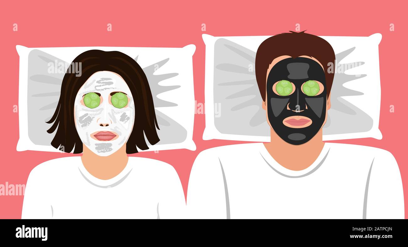 Illustration vectorielle drôle d'un couple marié avec des masques en argile sur le visage et des concombres devant les oreilles. Spa à la maison. Soins de la peau. Illustration de Vecteur