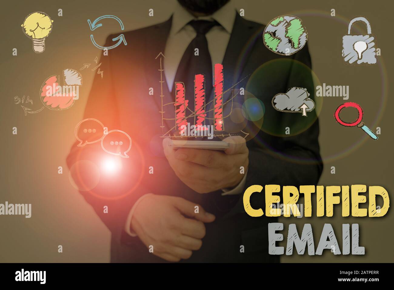 Panneau texte indiquant l'e-mail certifié. Photo d'entreprise présentant un e-mail dont l'envoi est certifié par un tiers neutre Banque D'Images