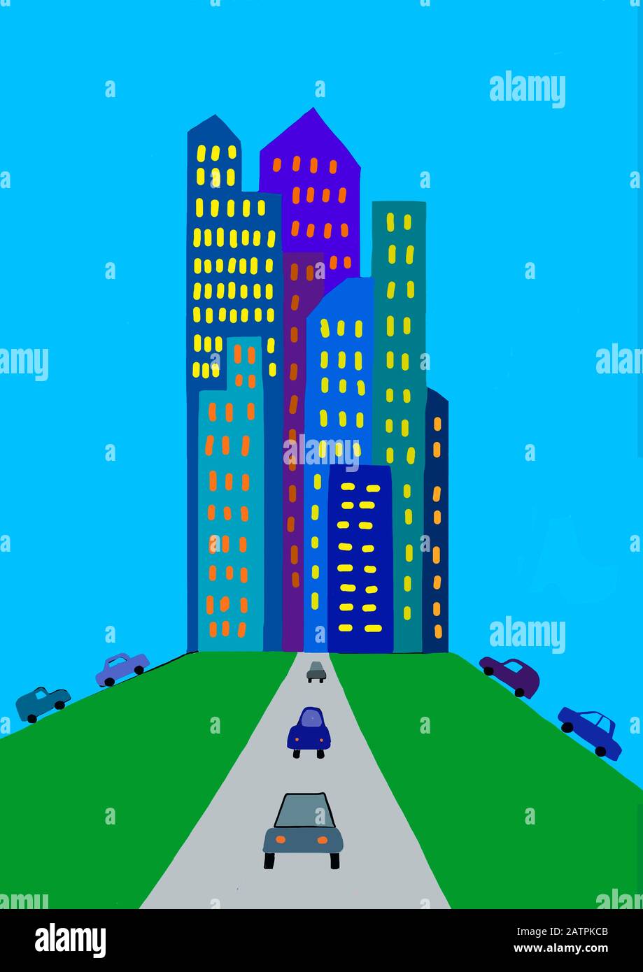 Illustration naïve, dessin pour enfants, circulation automobile dans la grande ville, Allemagne Banque D'Images