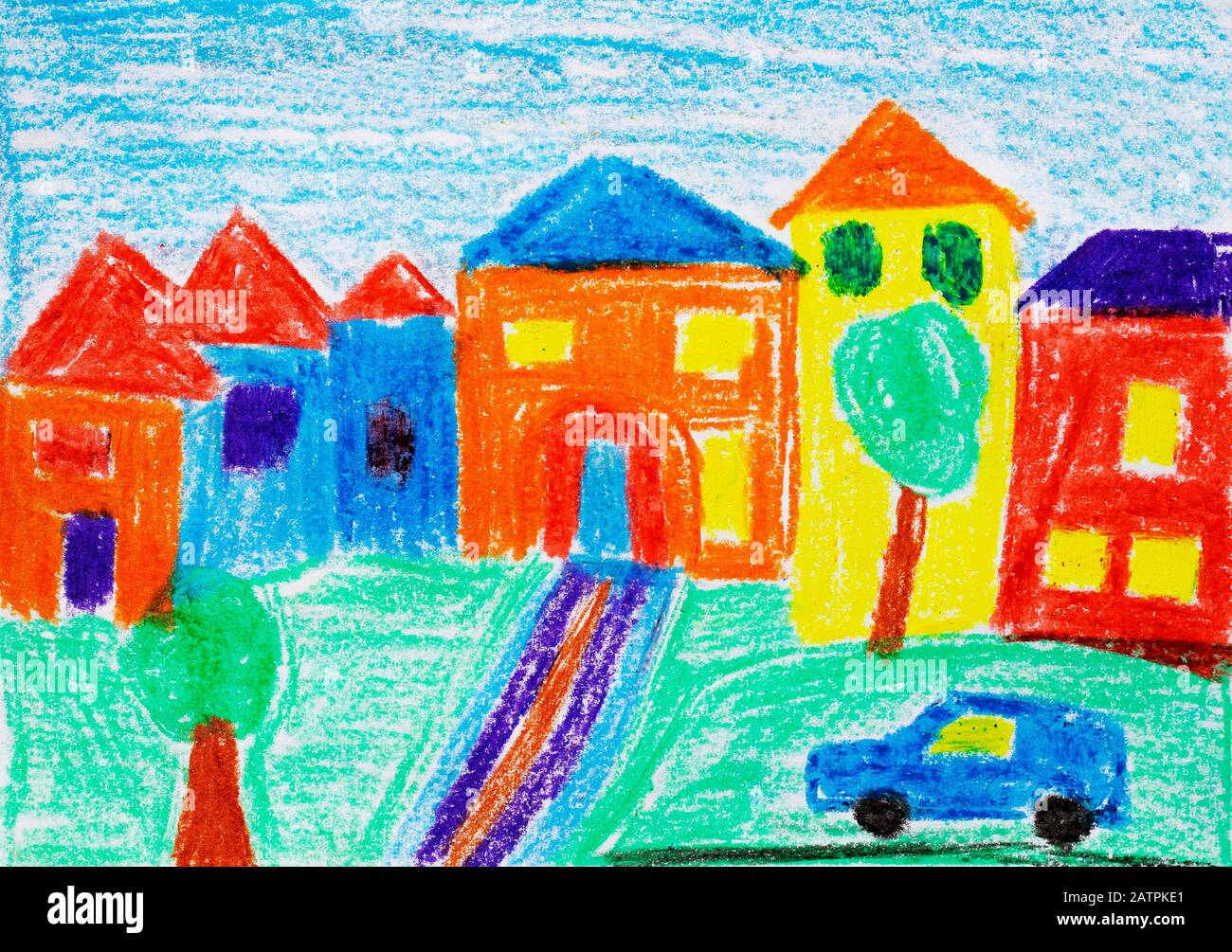 Illustration naïve, dessin pour enfants, maisons avec jardin et voiture, Allemagne Banque D'Images