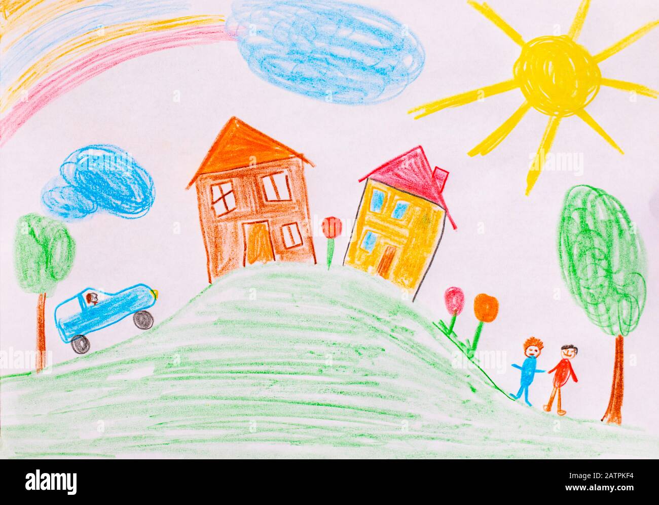 Illustration naïve, dessin pour enfants, famille heureuse avec, jardin, soleil et maison, Allemagne Banque D'Images