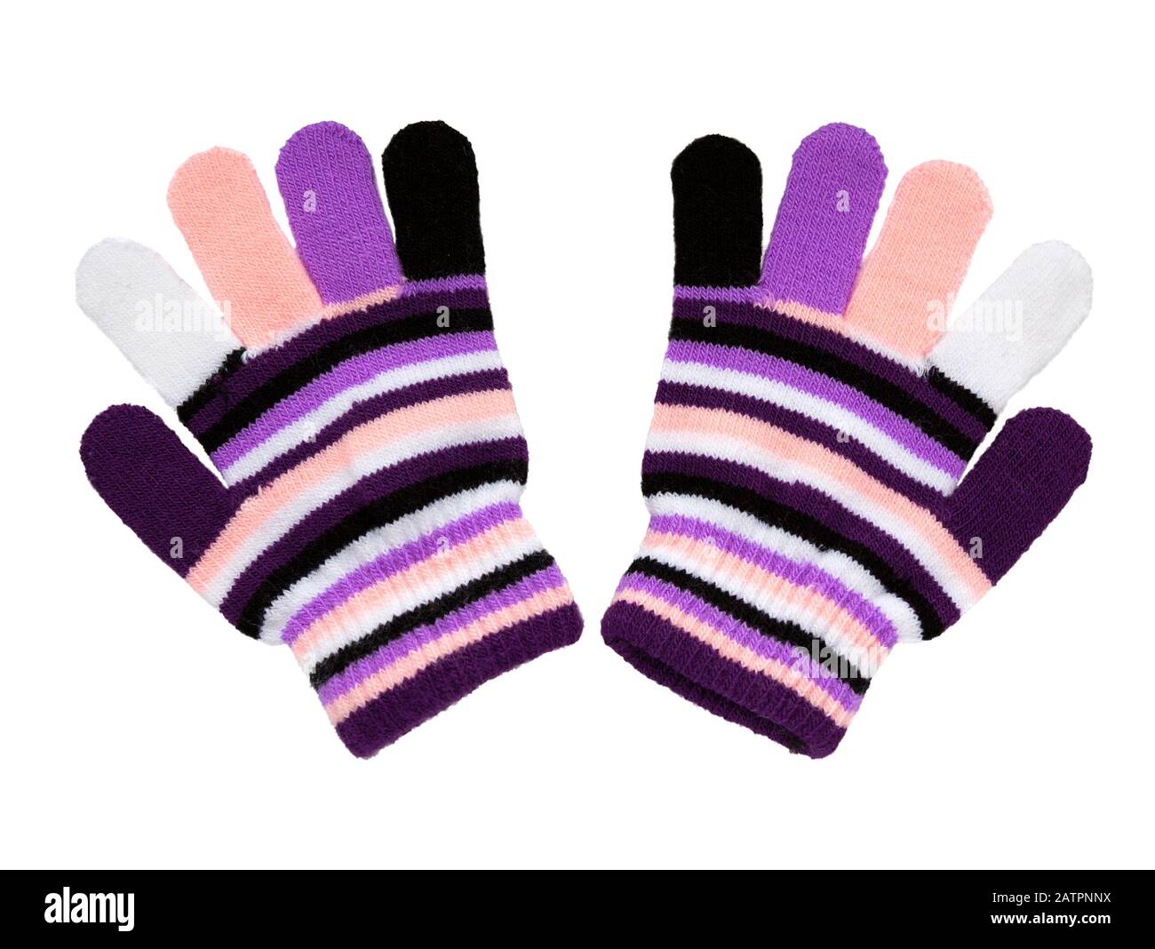 Moufles tricotées. Gants tricotés en laine chauds isolés sur fond blanc. Moufles avec bandes de couleur. Banque D'Images