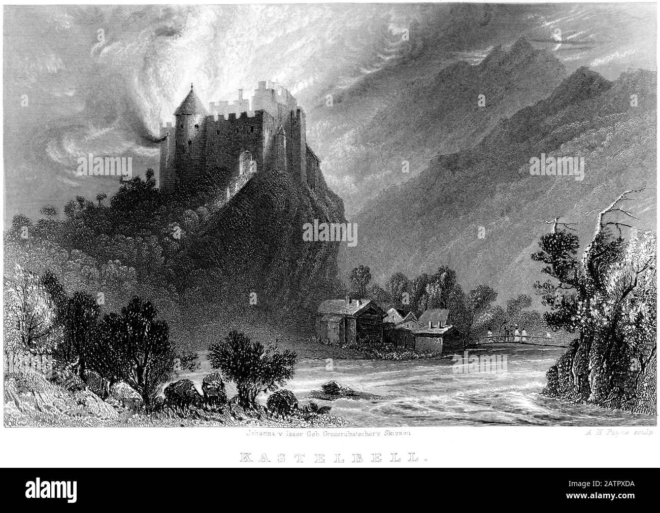 Une gravure de Kastelbell (Kastelbell-Tschars au Tyrol) a été numérisée en haute résolution à partir d'un livre imprimé en 1836. Considéré comme libre de droits d'auteur. Banque D'Images