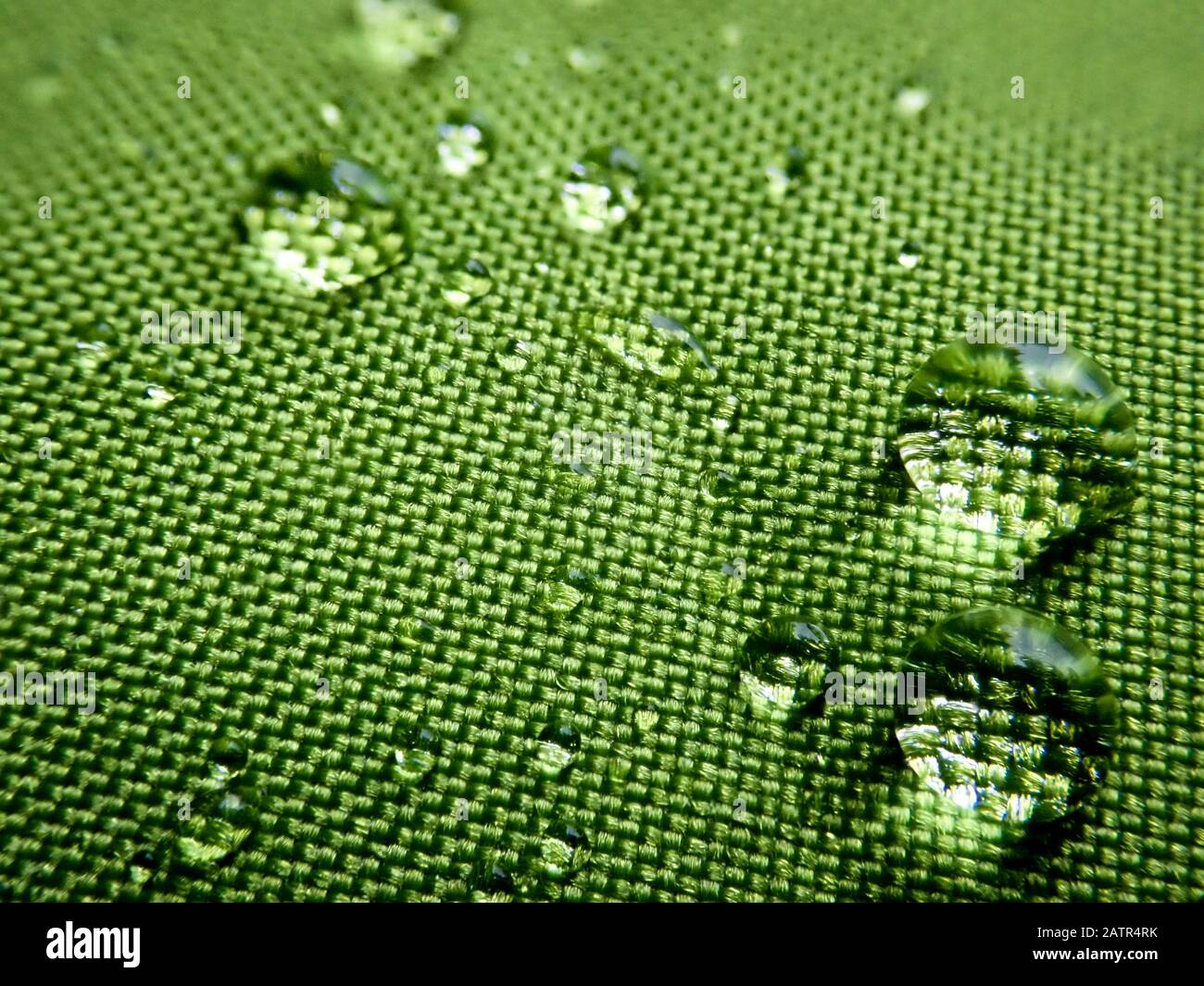 Gouttes de pluie sur fond vert texturé. Banque D'Images