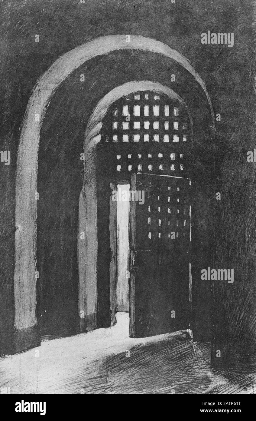 Esquisse d'une porte intérieure à la prison de Newgate, Londres, Angleterre, 1883. Des Chroniques De Newgate, 1884. Banque D'Images