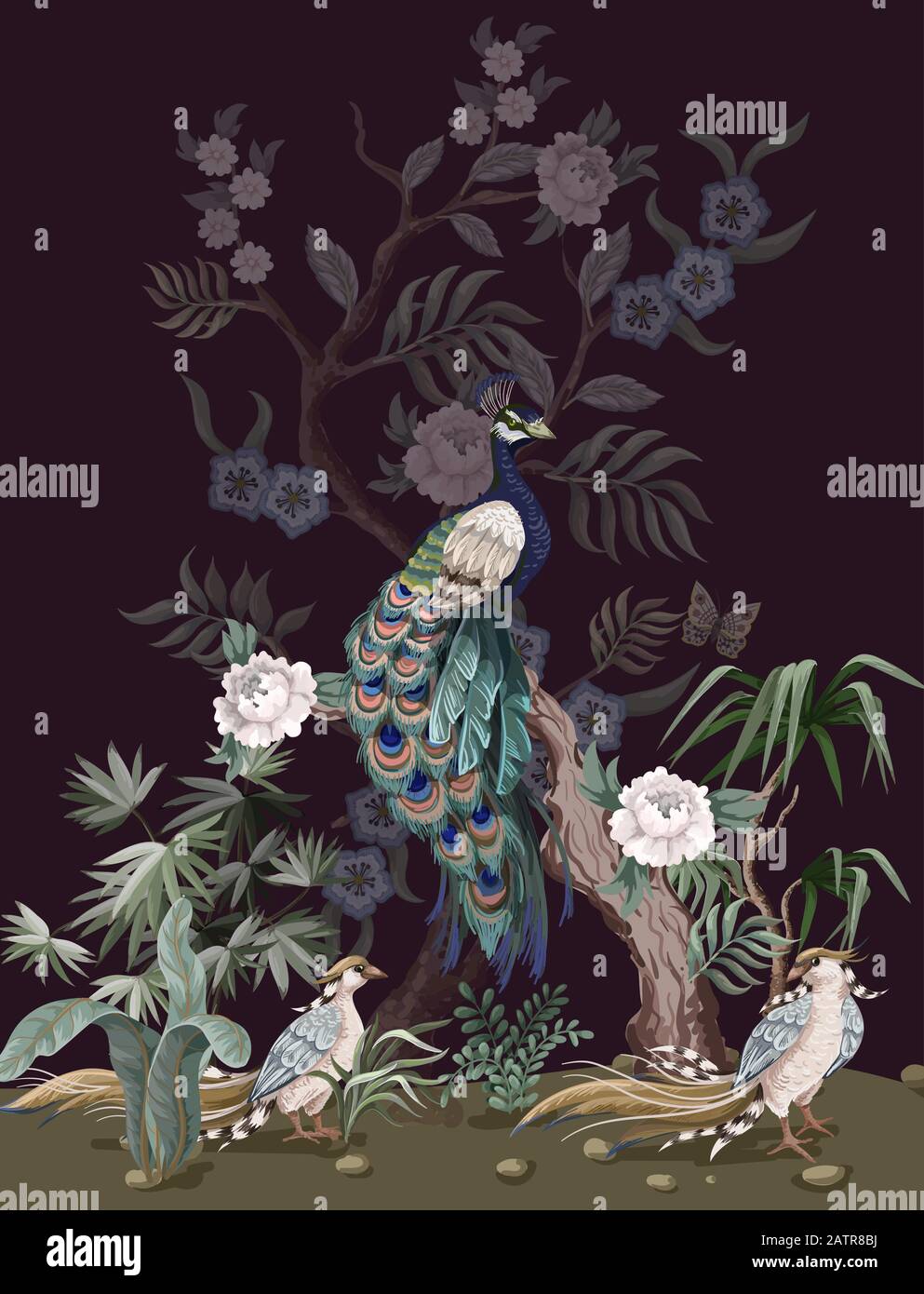 Bordure dans le style chinoiserie avec paon et pivoines. Vecteur. Illustration de Vecteur