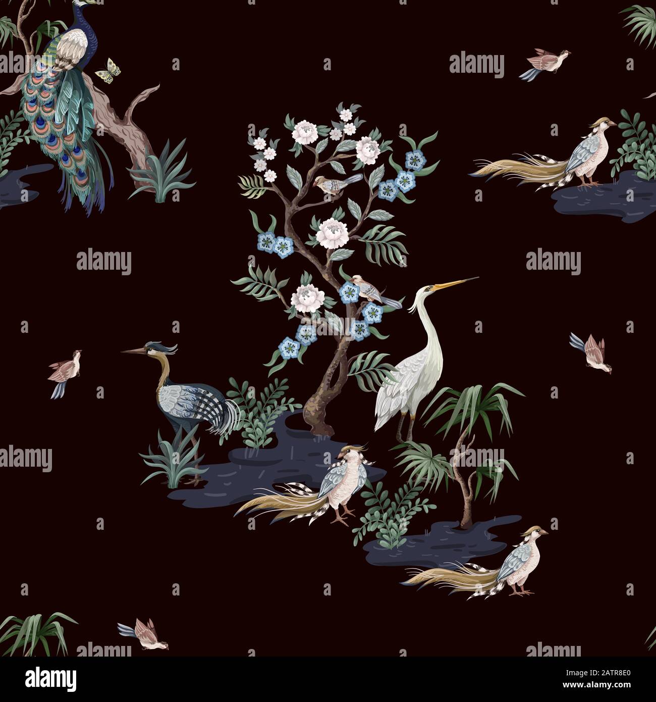 Modèle sans coutures dans le style chinoiserie avec cigognes, oiseaux et pivoines. Vecteur, Illustration de Vecteur