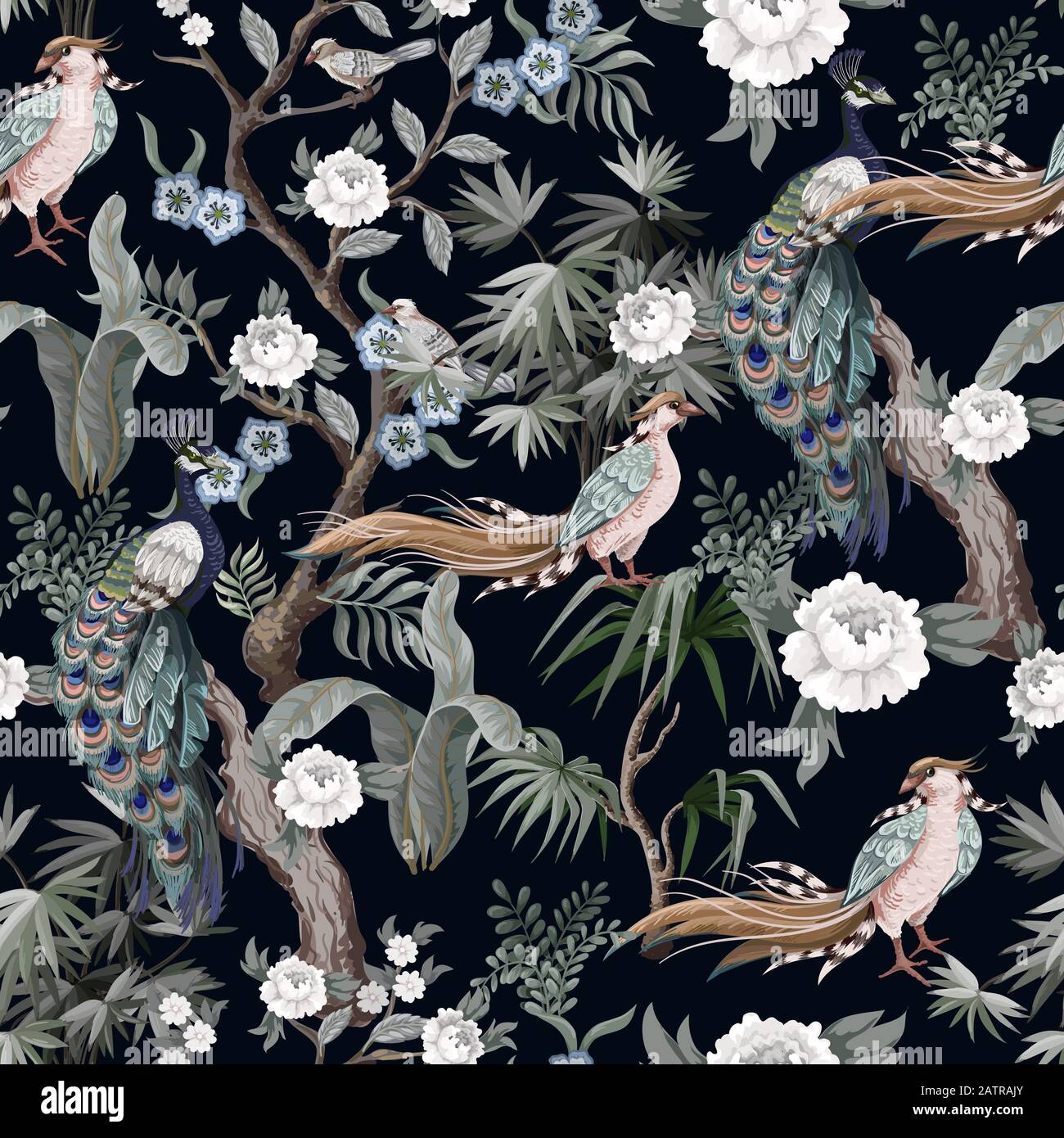 Modèle sans coutures dans le style chinoiserie avec cigognes, oiseaux et pivoines. Vecteur, Illustration de Vecteur