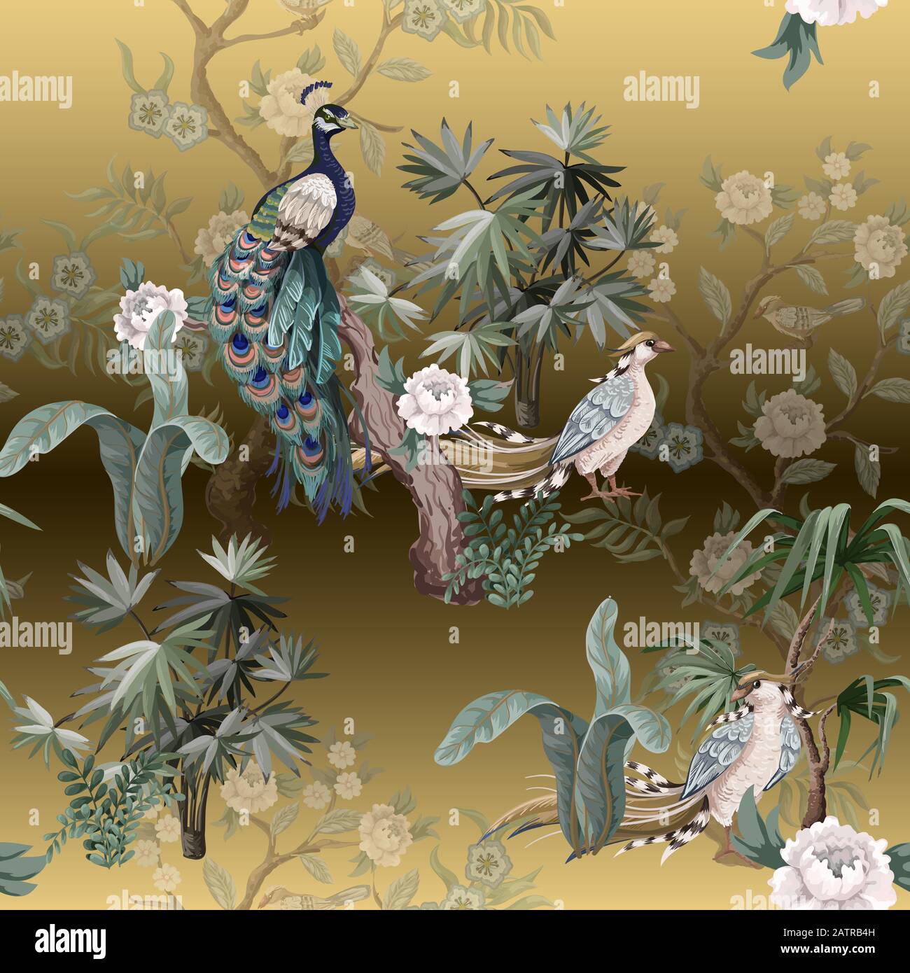 Modèle sans coutures dans le style chinoiserie avec cigognes, oiseaux et pivoines. Vecteur, Illustration de Vecteur