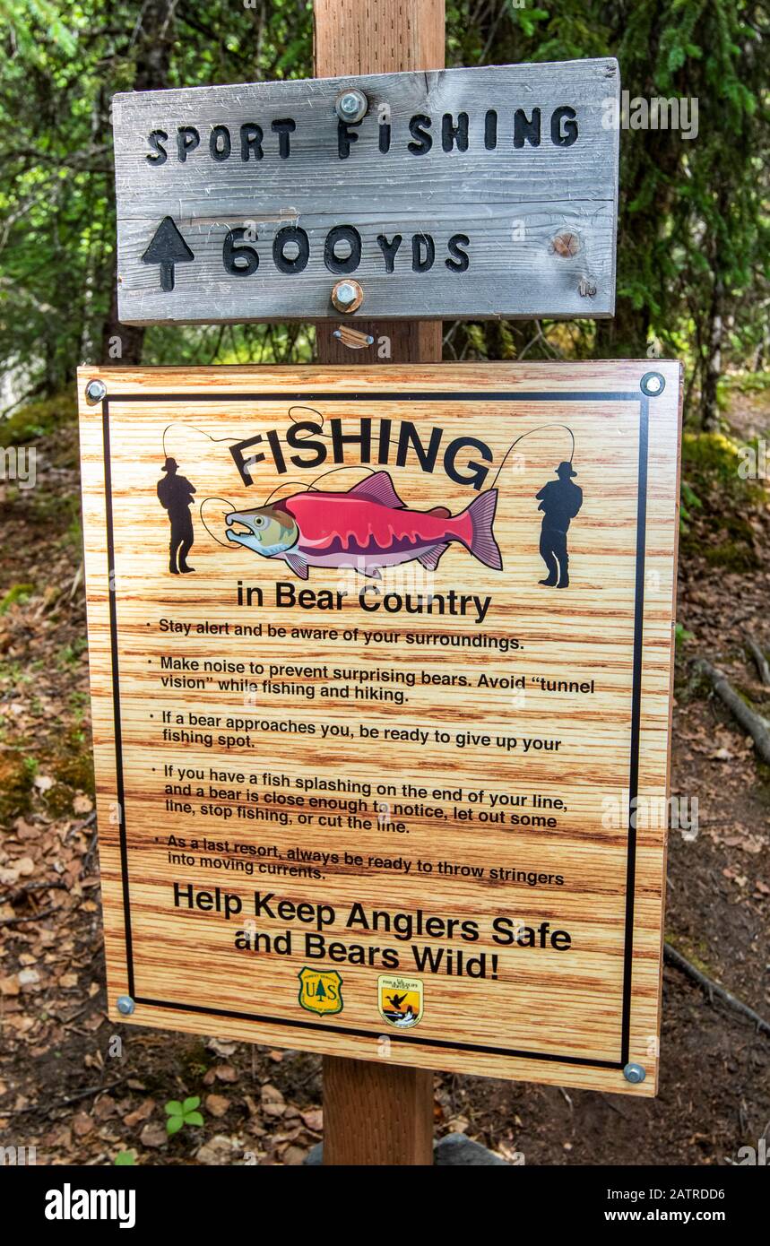 Un panneau contenant des renseignements sur la pêche au saumon est affiché près des chutes de la rivière russe sur la péninsule de Kenai; Alaska, États-Unis d'Amérique Banque D'Images