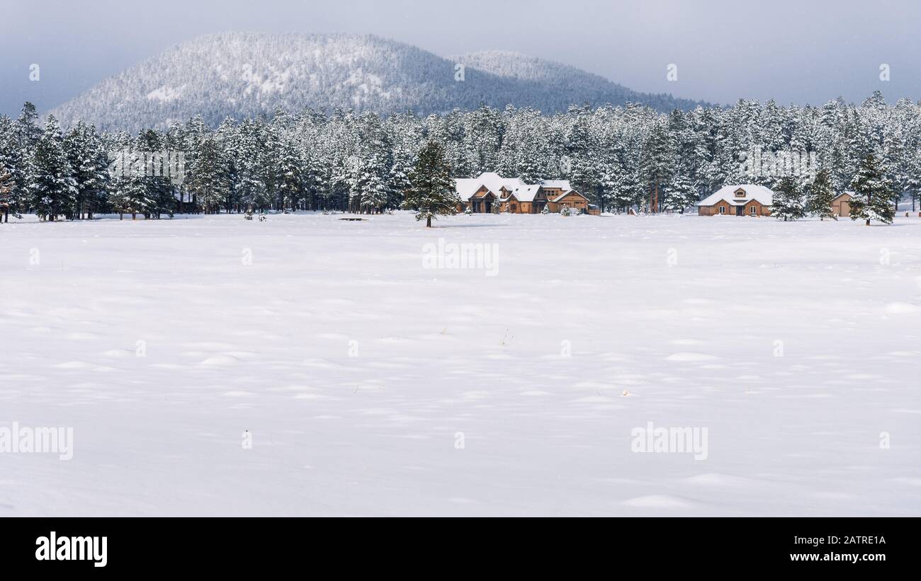 Grande maison sur un pré couvert de neige à Flagstaff, Arizona, avec la forêt et la montagne en arrière-plan. Banque D'Images