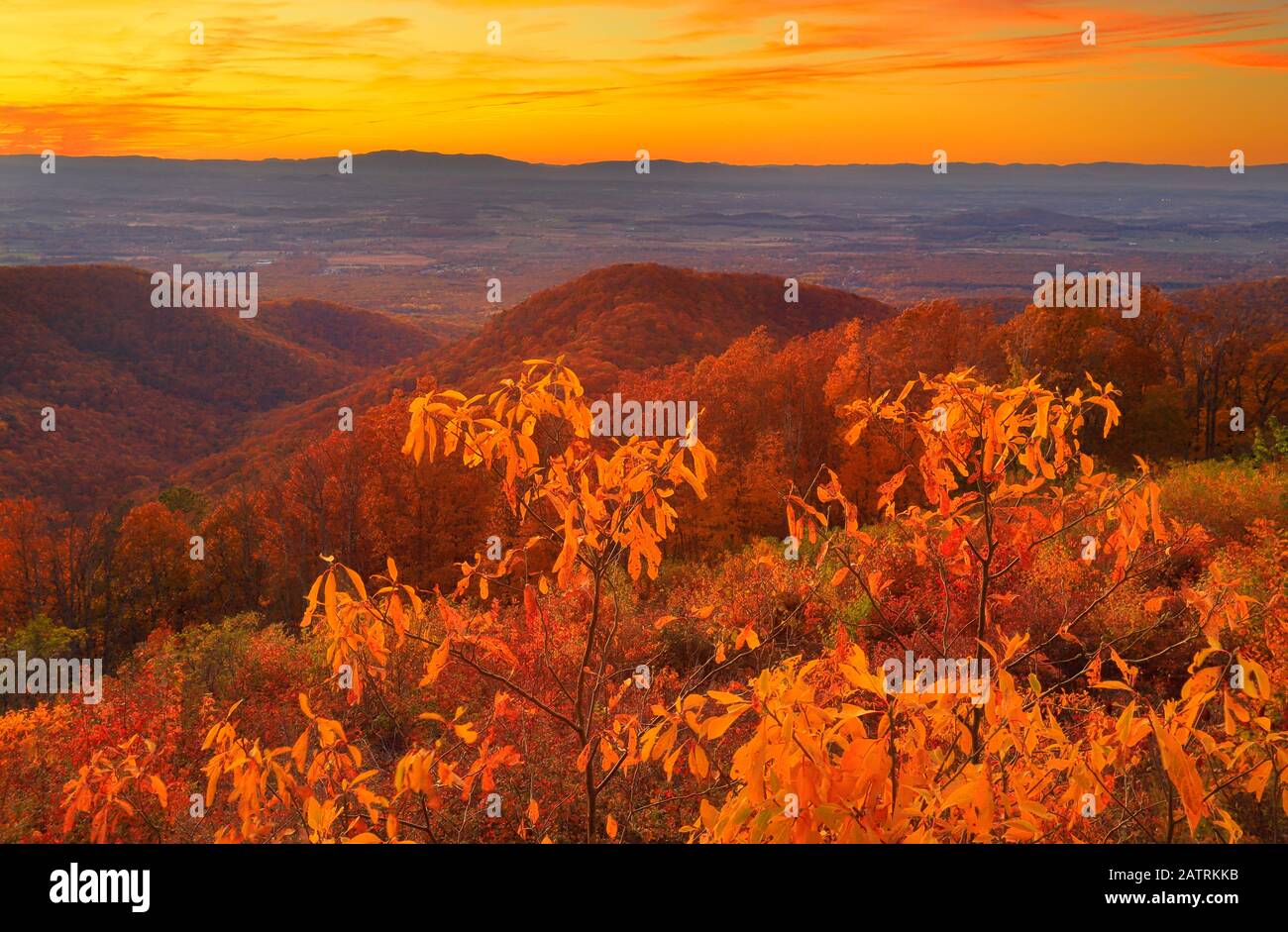 Le coucher du soleil, donnent sur la montagne Turk, Shenandoah National Park, Virginia, USA Banque D'Images