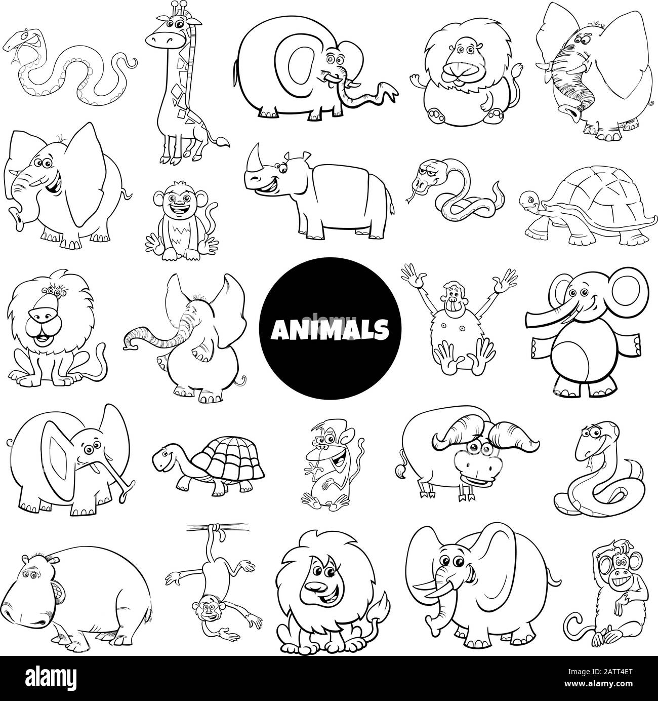 Black And White Cartoon Illustration Of Wild African Animal Characters Large Set Coloring Book Page Illustration de Vecteur