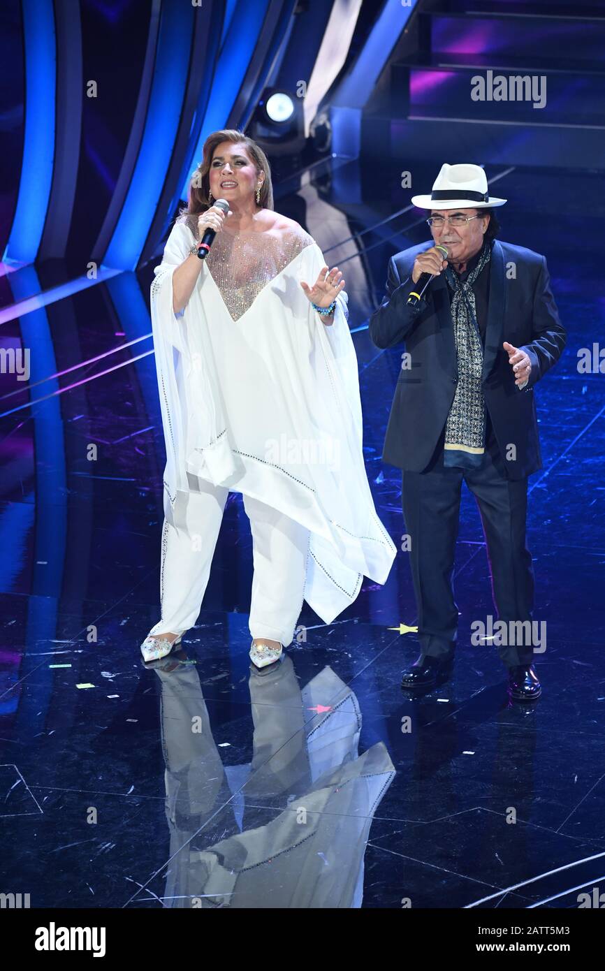 Sanremo, 70ème festival de chansons italiennes 2020. Première soirée. Dans la photo Al Bano et Romina Power avec Romina Jr Carrisi Banque D'Images