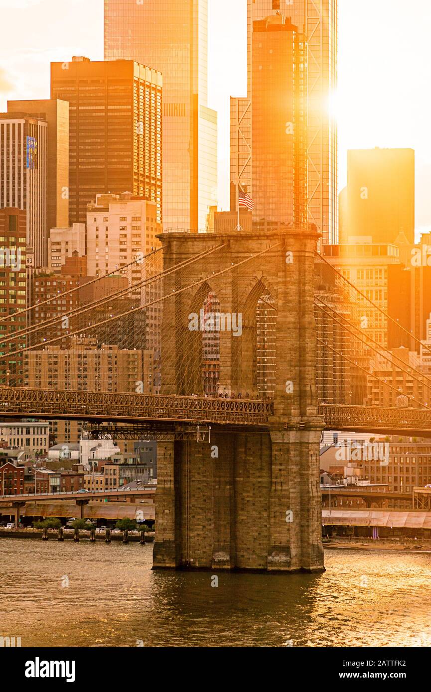 Brooklyn Bridge Sunset New York City Banque D'Images