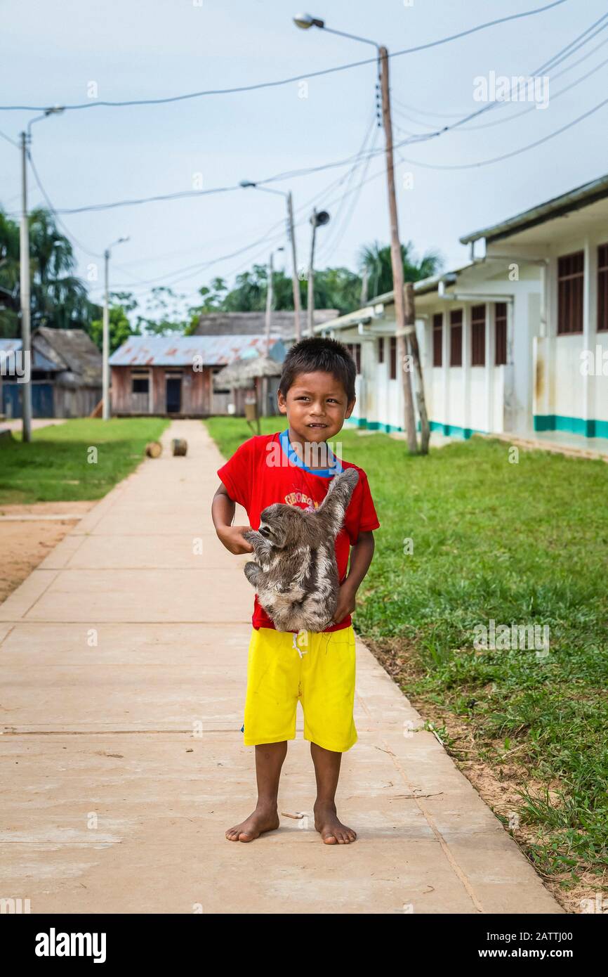 Jeune garçon avec son 'animal de compagnie' à gorge brune, Bradypus variegatus, San Francisco Village, Loreto, Pérou, Amérique du Sud Banque D'Images