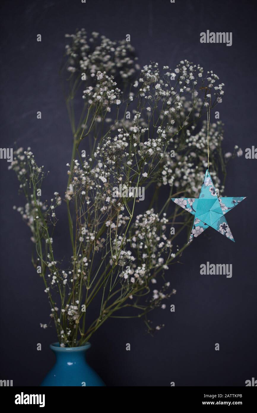 Une Etoile En Papier Plie Accrochee A Un Vase De Fleurs D Haleine De Bebe Sechee Photo Stock Alamy Une Etoile En Papier Plie Accrochee A Un Vase De Fleurs D Haleine De Bebe Sechee Photo Stock Alamy