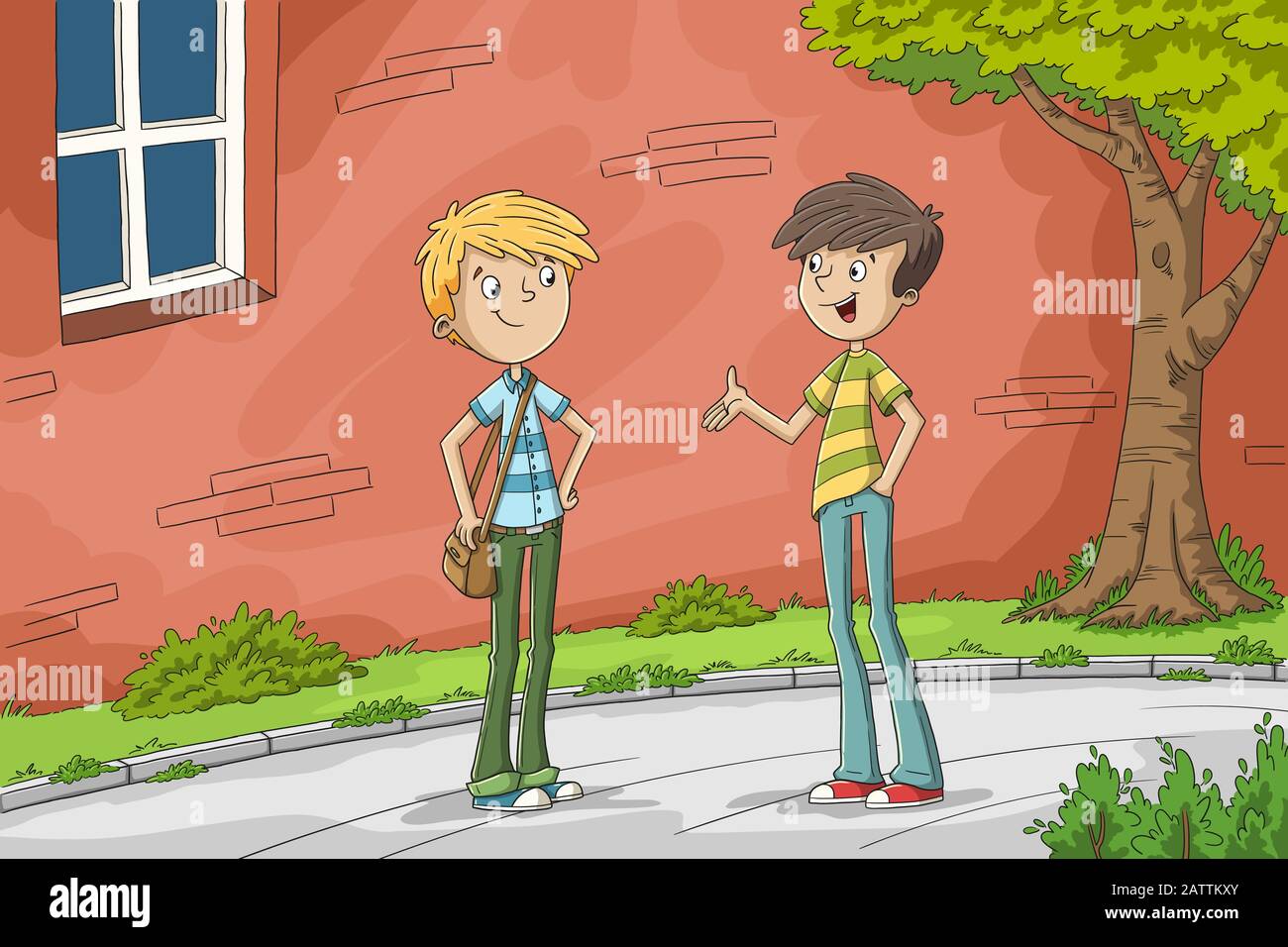 Deux garçons parlent. Illustration vectorielle dessinée à la main avec calques séparés. Illustration de Vecteur
