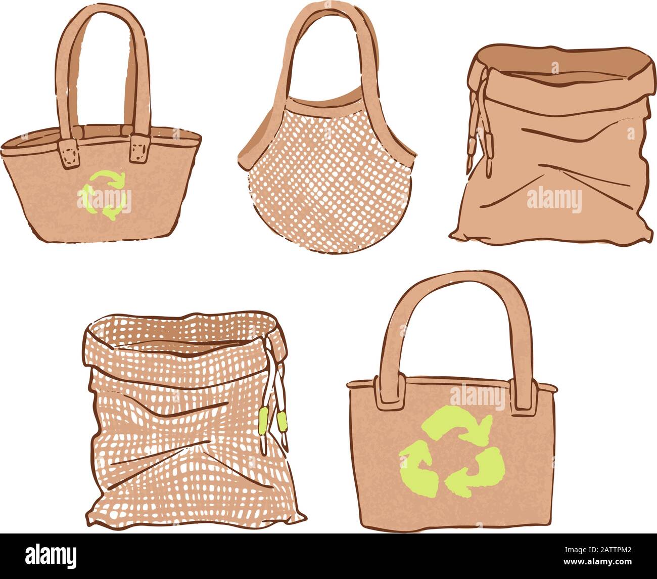 Ensemble de sacs Eco dans le style dessin à la main de dessin animé, isolé sur fond blanc. Écologie Environnement collecte de sacs d'épicerie, zéro sac de déchets et Illustration de Vecteur