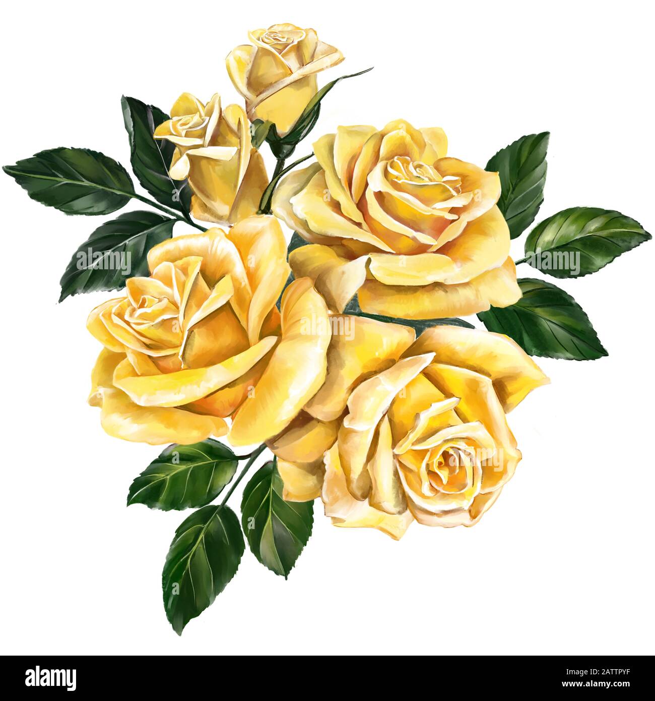 fleur rose jaune avec feuilles vertes, illustration d'art peinte avec des aquarelles isolées sur fond blanc. Banque D'Images