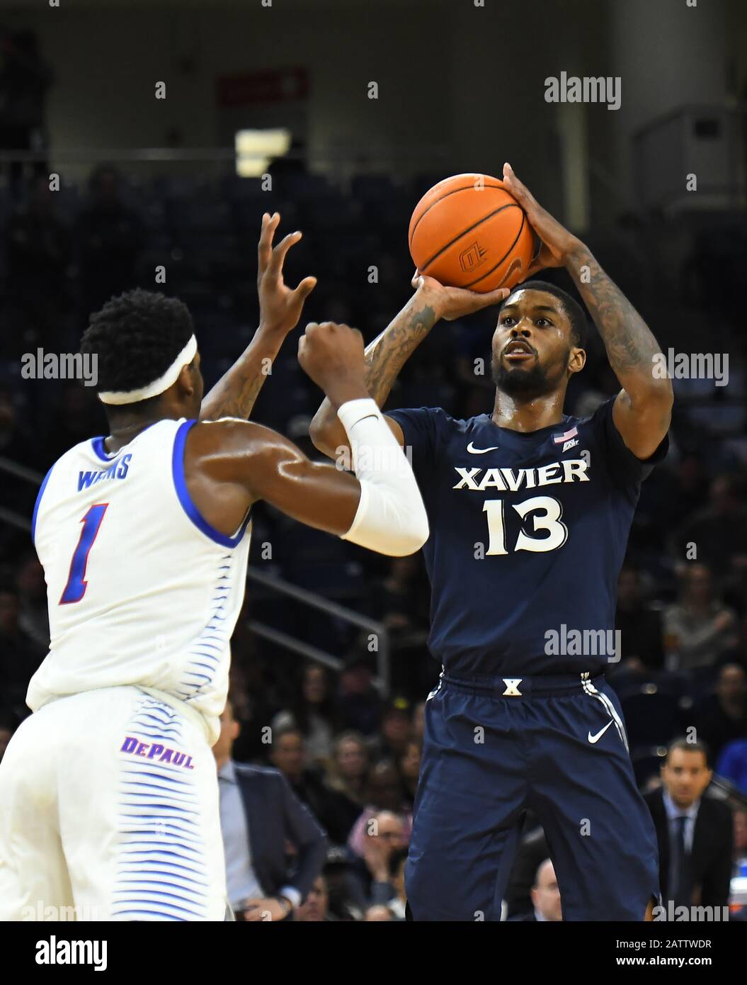 Chicago, Illinois, États-Unis. 04 février 2020. Xavier Musketeers forward Naji Marshall (13) tire un 3 pointeur pendant le jeu NCAA de la conférence Big East entre DePaul vs Xavier à Wintrust Area à Chicago, Illinois. Dean Reid/Csm/Alay Live News Banque D'Images