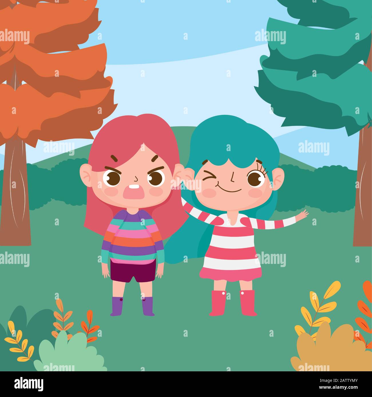 petites filles dessin animé personnage expression faciale paysage nature arrière-plan illustration vectorielle Illustration de Vecteur