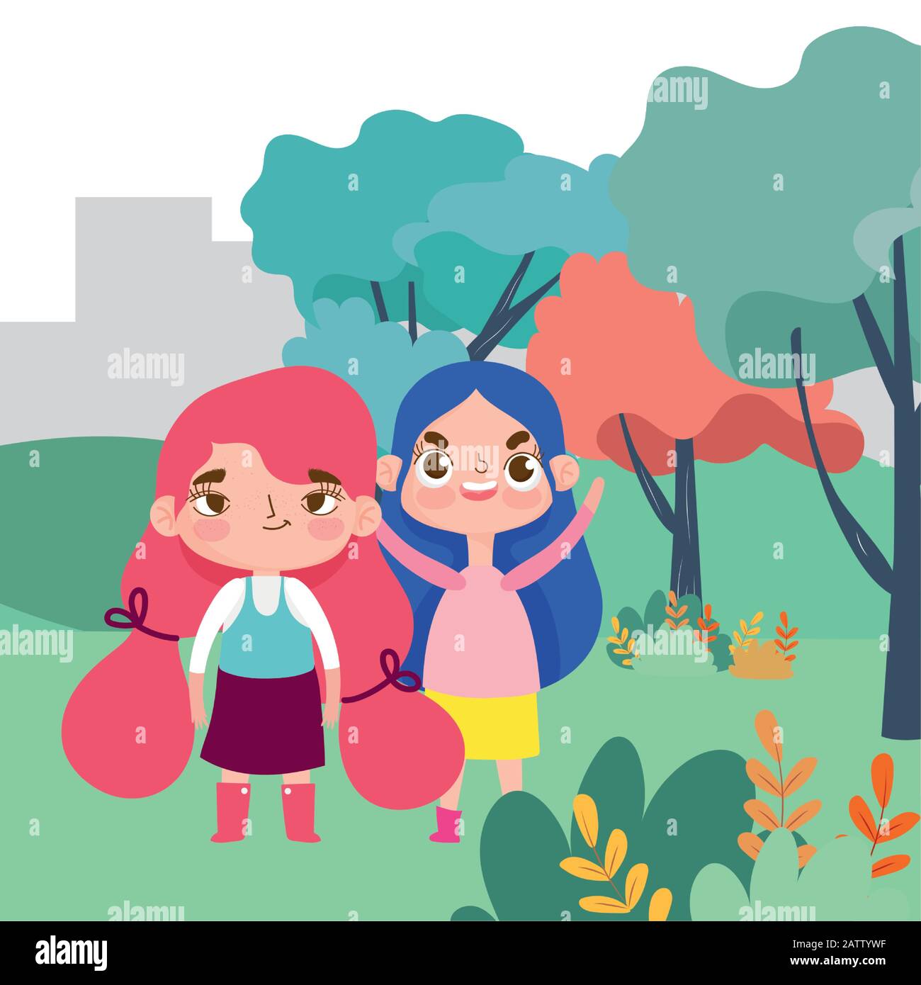 petites filles dessin animé personnage expression faciale paysage nature arrière-plan illustration vectorielle Illustration de Vecteur