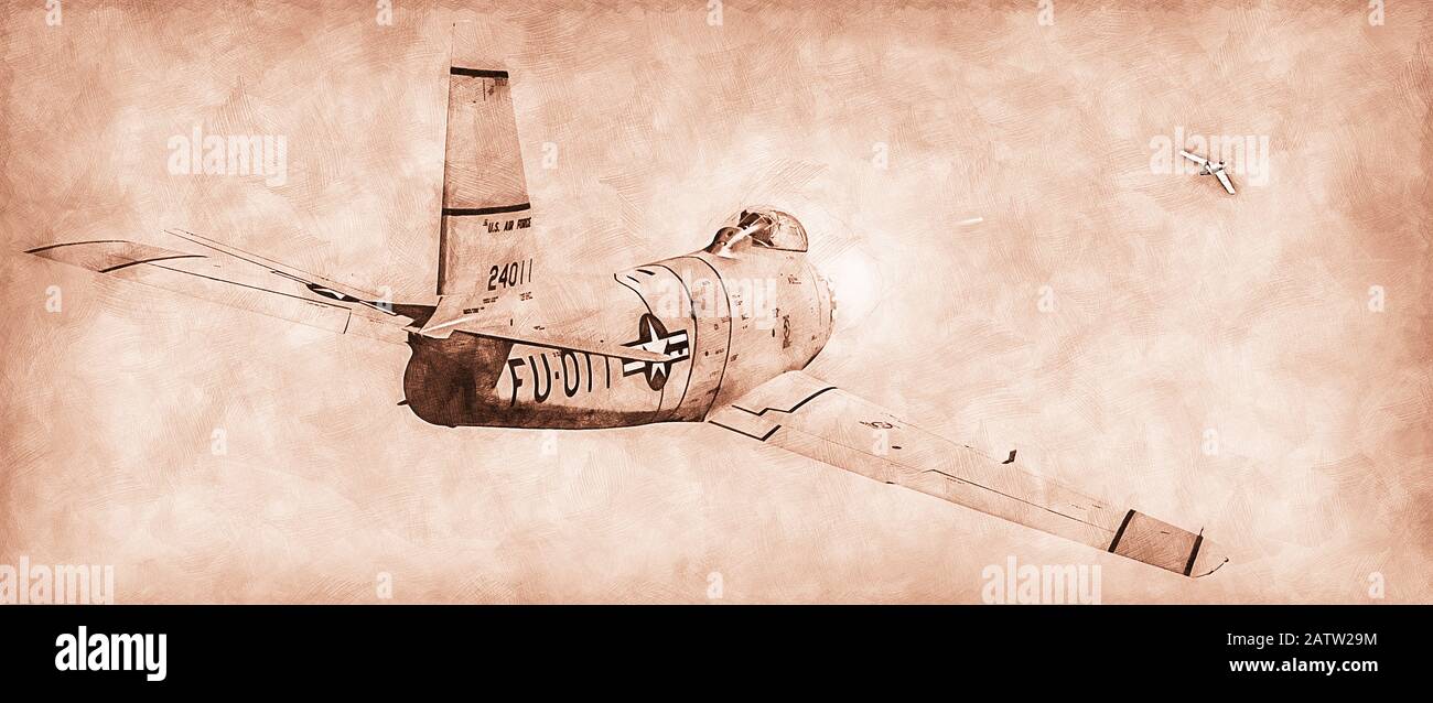 Le sabre F-86 de l'Amérique du Nord, parfois appelé Sabrejet, est un avion de chasse au jet transonique. Banque D'Images