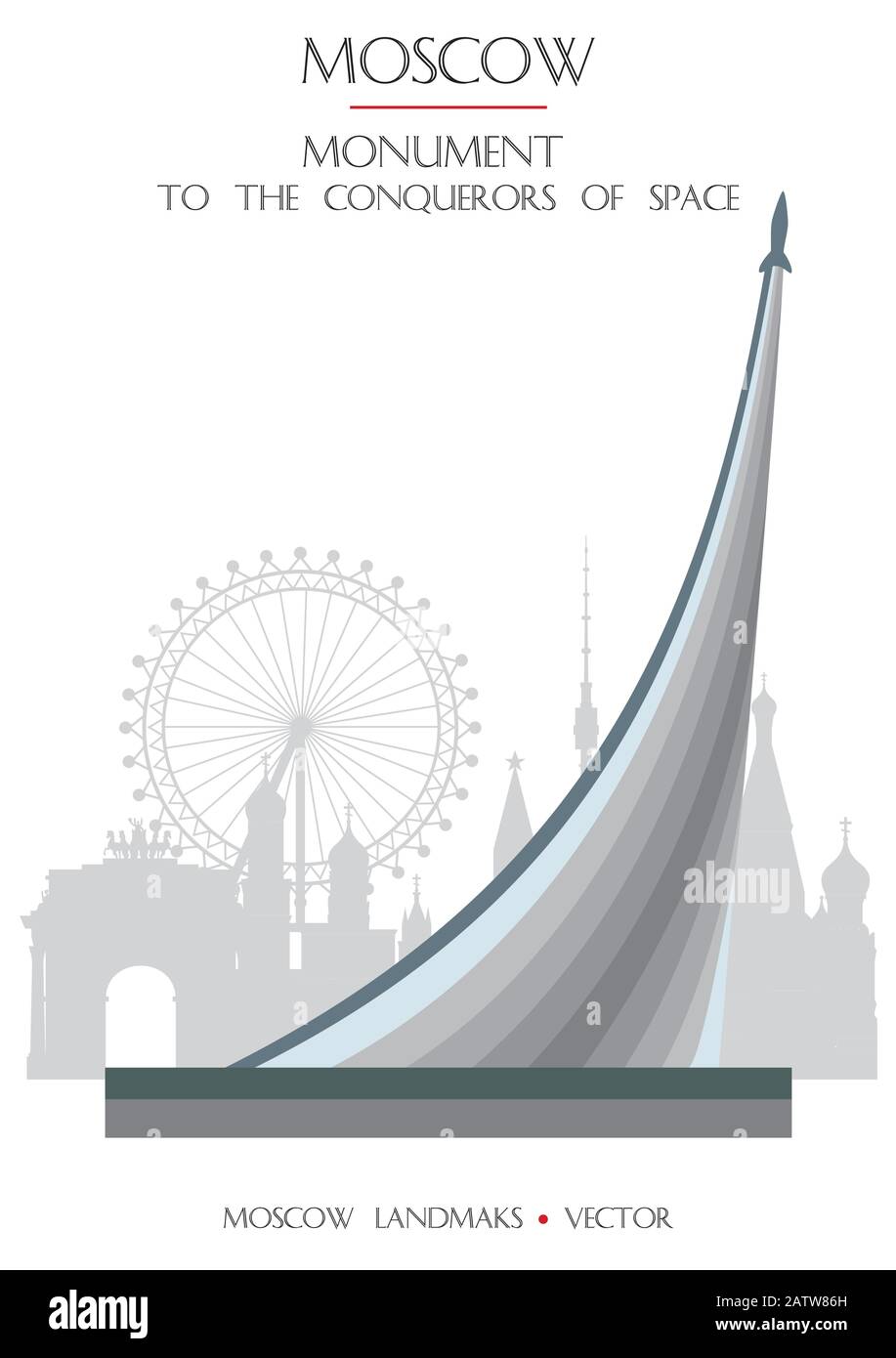 Monument vectoriel coloré aux Conquérants de l'espace sur VDNH, célèbre monument de Moscou, Russie. Illustration plate vectorielle isolée sur fond blanc. Illustration de Vecteur