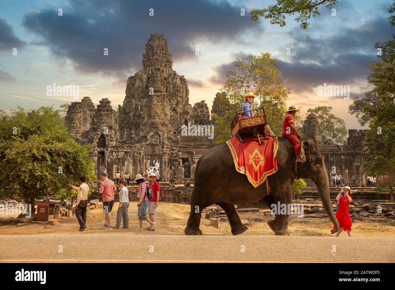 Angkor wat, Siem Reap, Cambodge, avril 2016 : une femme non identifiée prend une photo d'une balade à dos d'éléphant en cours devant le monde emblématique De La Femme Banque D'Images