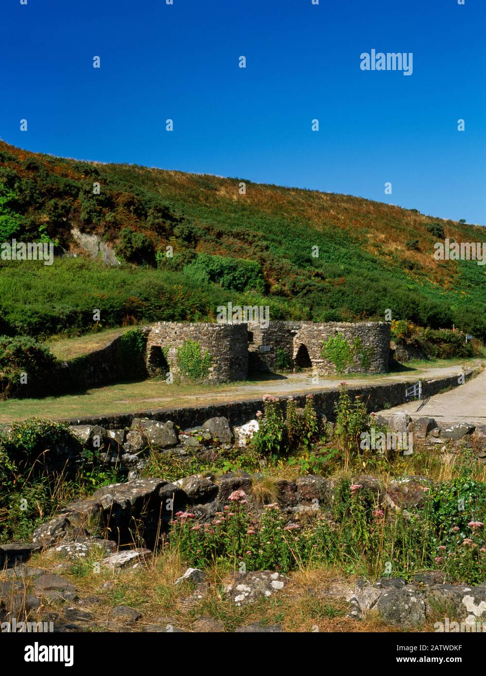 Vue W de deux paires de limousines post-médiévales en pierre qui se font face l'une à l'autre à travers le ruisseau Porthclais au port de Porth Clais, Pembrokeshire, au Pays de Galles Banque D'Images