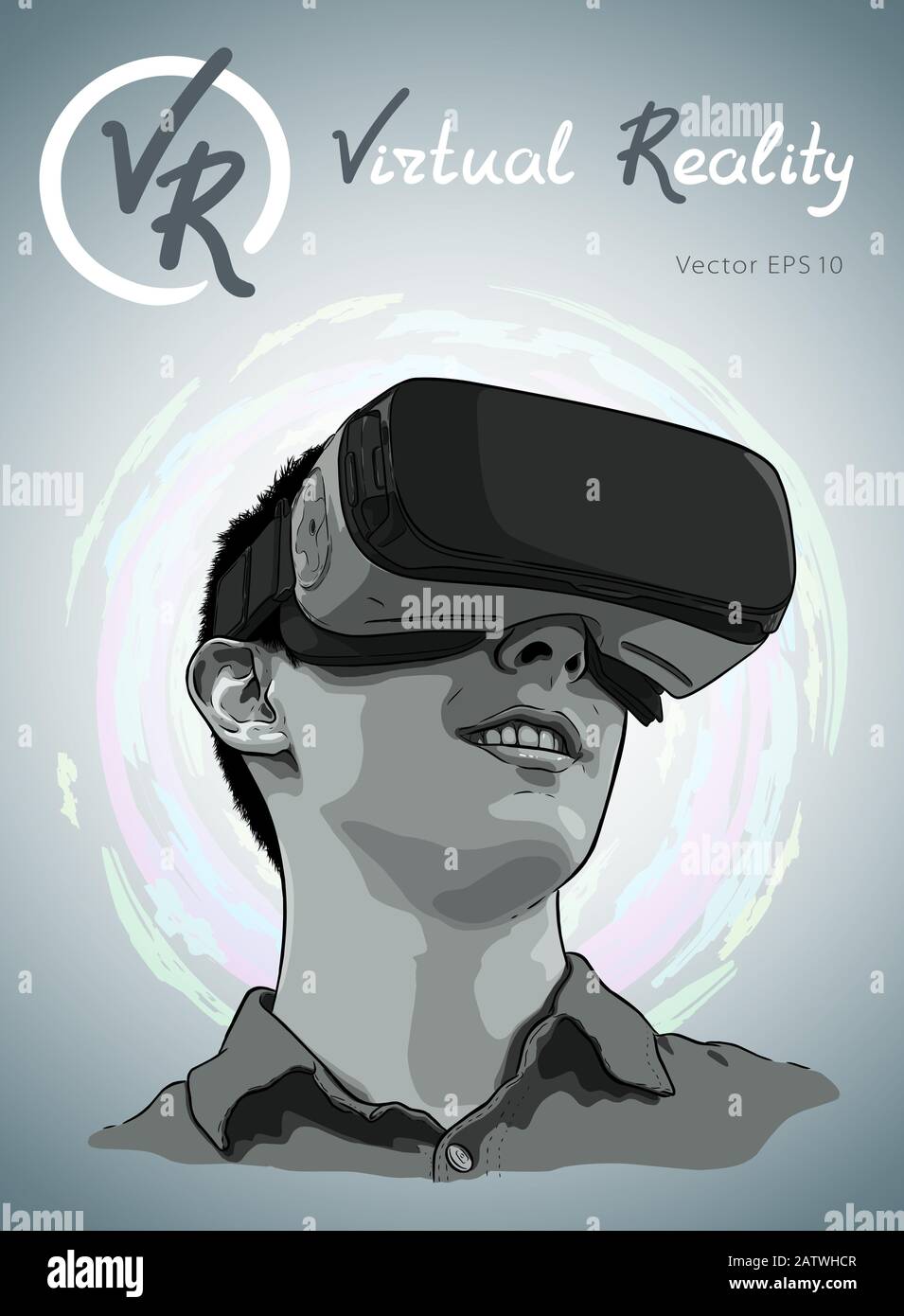 Homme portant des lunettes de réalité virtuelle. Hand drawn vector illustration, croquis Illustration de Vecteur