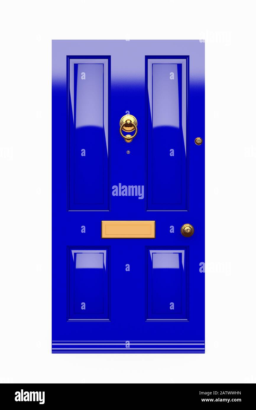 Modèle d'une porte d'entrée bleue de style géorgien britannique avec un frappeur en laiton et une boîte aux lettres sur fond blanc Banque D'Images Modèle d'une porte d'entrée bleue de style géorgien britannique avec un frappeur en laiton et une boîte aux lettres sur fond blanc Banque D'Images