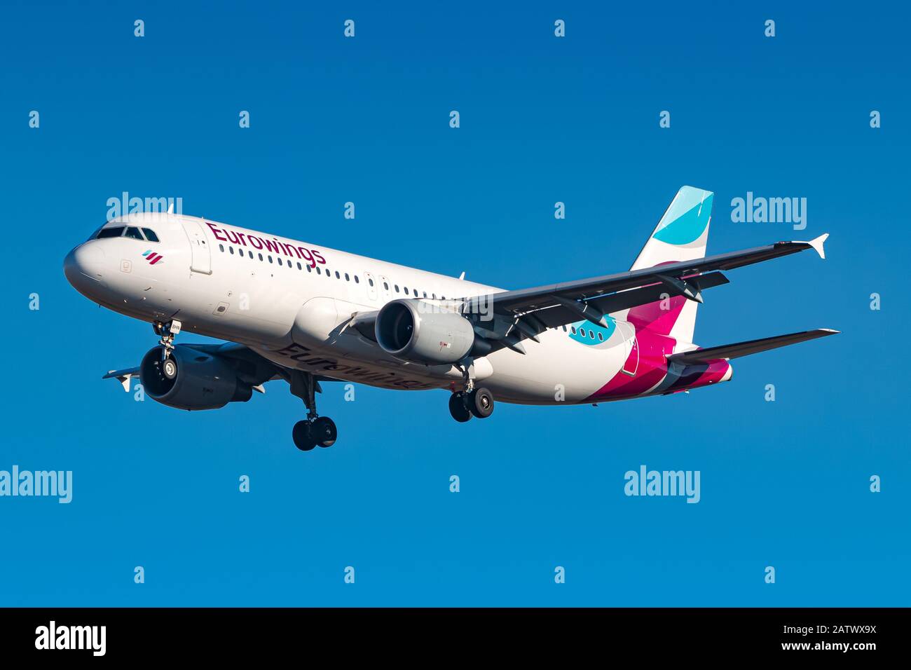 Munich, Allemagne - 16 février 2019 : avion Eurowings Airbus 320 Neo à l'aéroport de Munich (MUC) en Allemagne. Airbus est un constructeur d'avions De À Banque D'Images