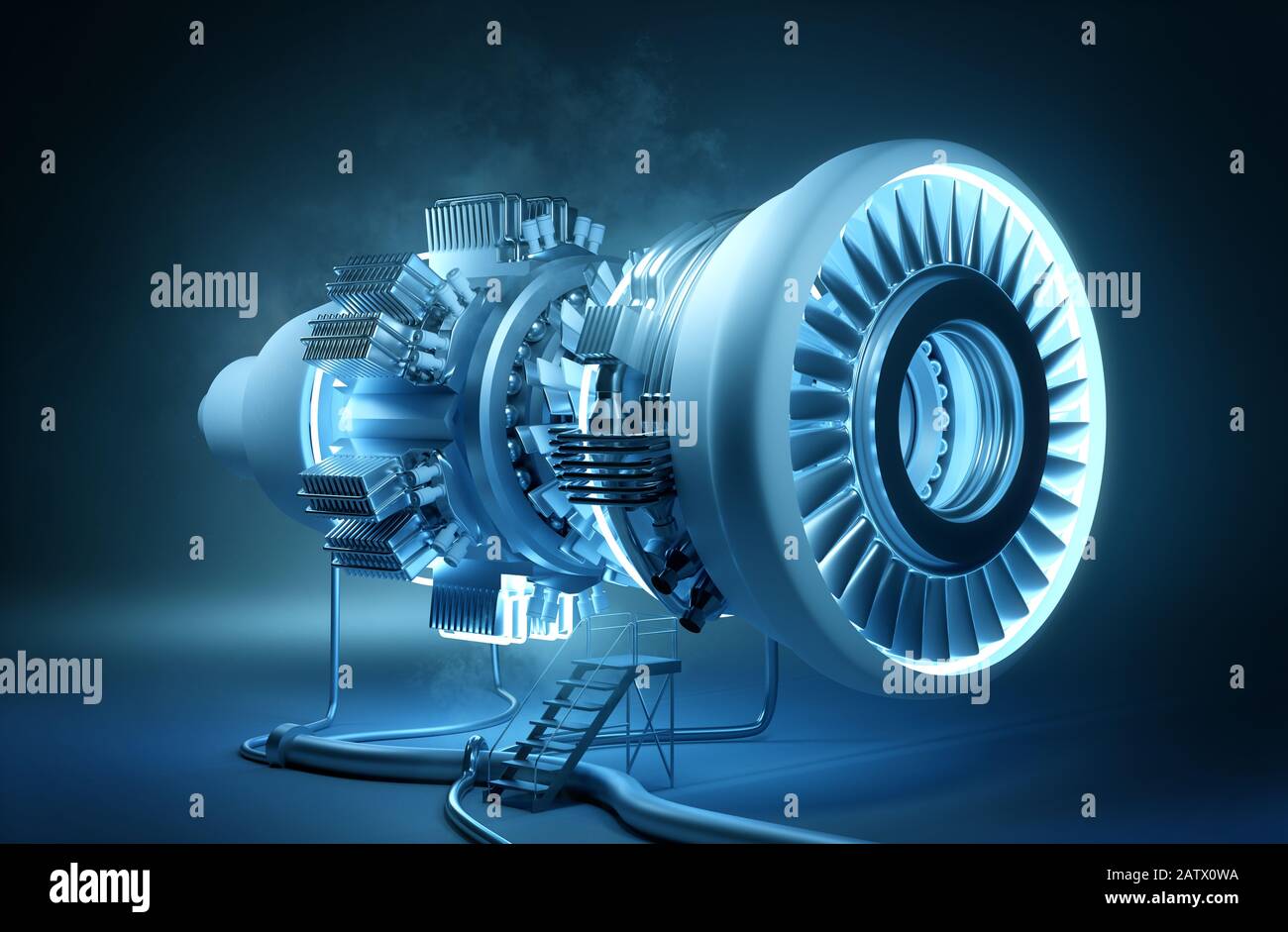 Génie Futuriste. Un jet brillant engnine dans le processus de construction. Illustration tridimensionnelle. Banque D'Images