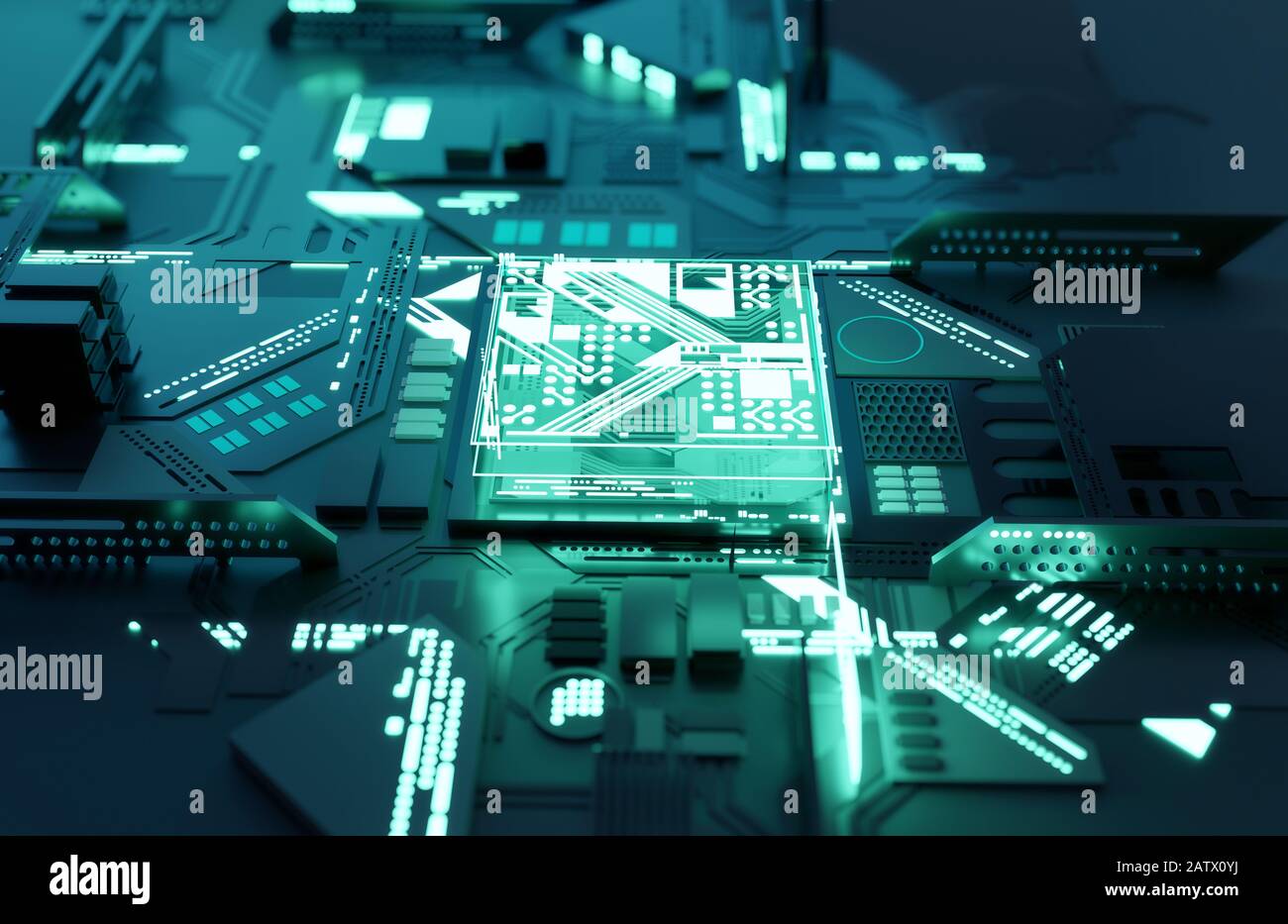 Futuristc brillant processeur CPU. Concept de calcul de l'apprentissage quantique et maching. Illustration tridimensionnelle Banque D'Images