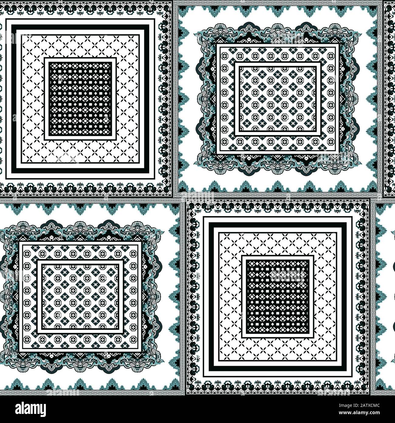 Bandanna, écharpe, châle, mouchoir, sérigraphie pour la mode, figurines textiles, modèle géométrique traditionnel, ethnique et décoratif avec cadres. - illustrati Banque D'Images